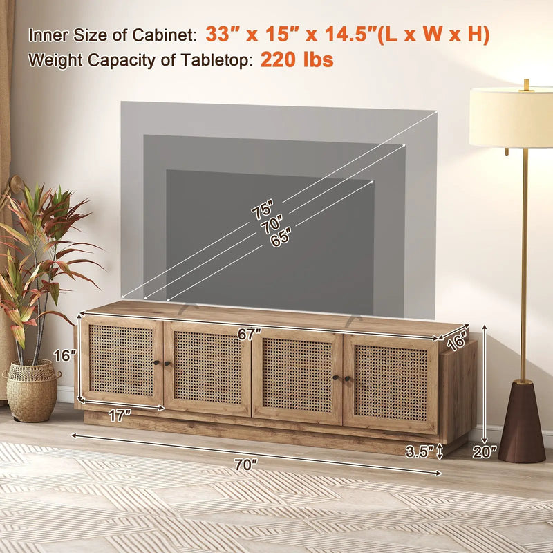 Farmhouse TV Stand for TVs up to 75 Inches with 2 Cabinets-Oak by DirectDeals
