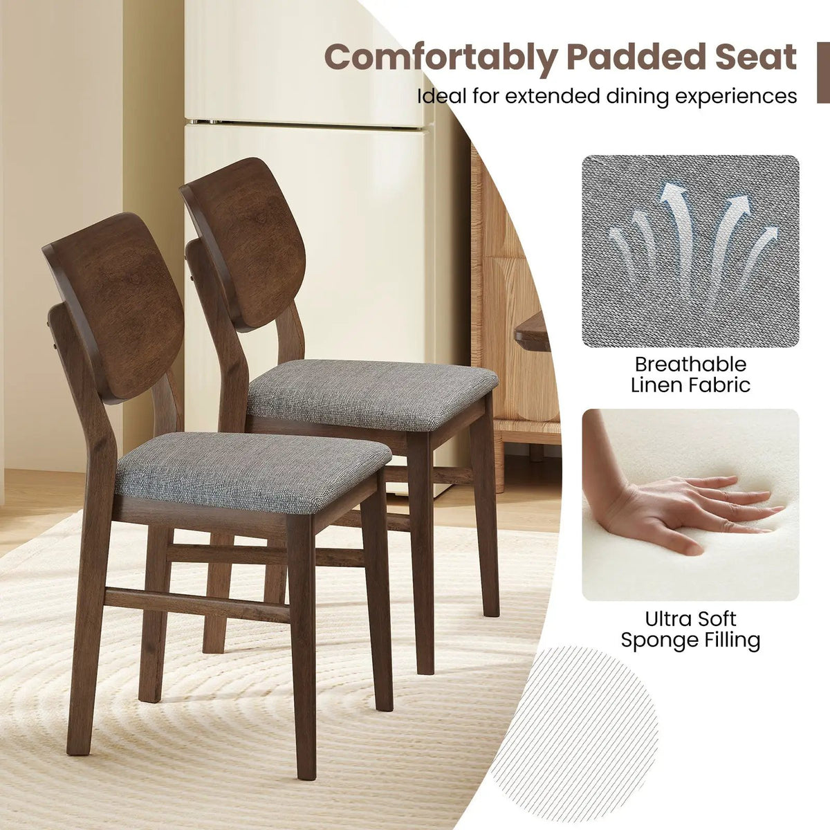 Farmhouse Upholstered Kitchen Chairs Set of 2 with Rubber Wood Frame by DirectDeals