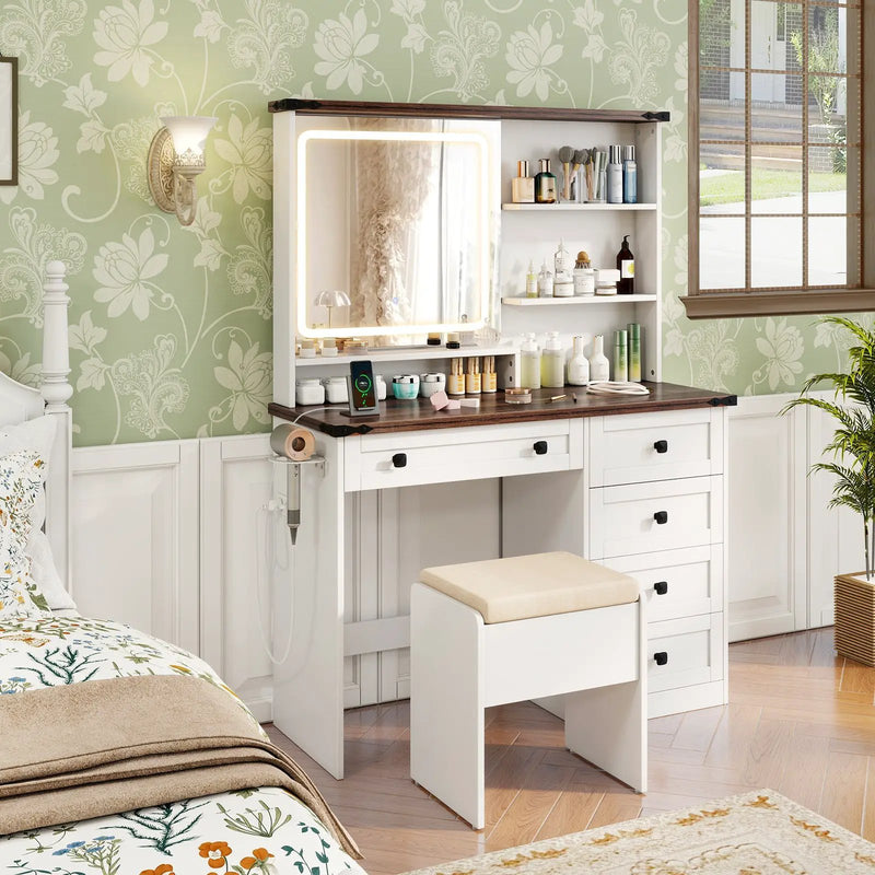 Farmhouse Vanity Set with Mirror and 3-Color Lighting-White by DirectDeals