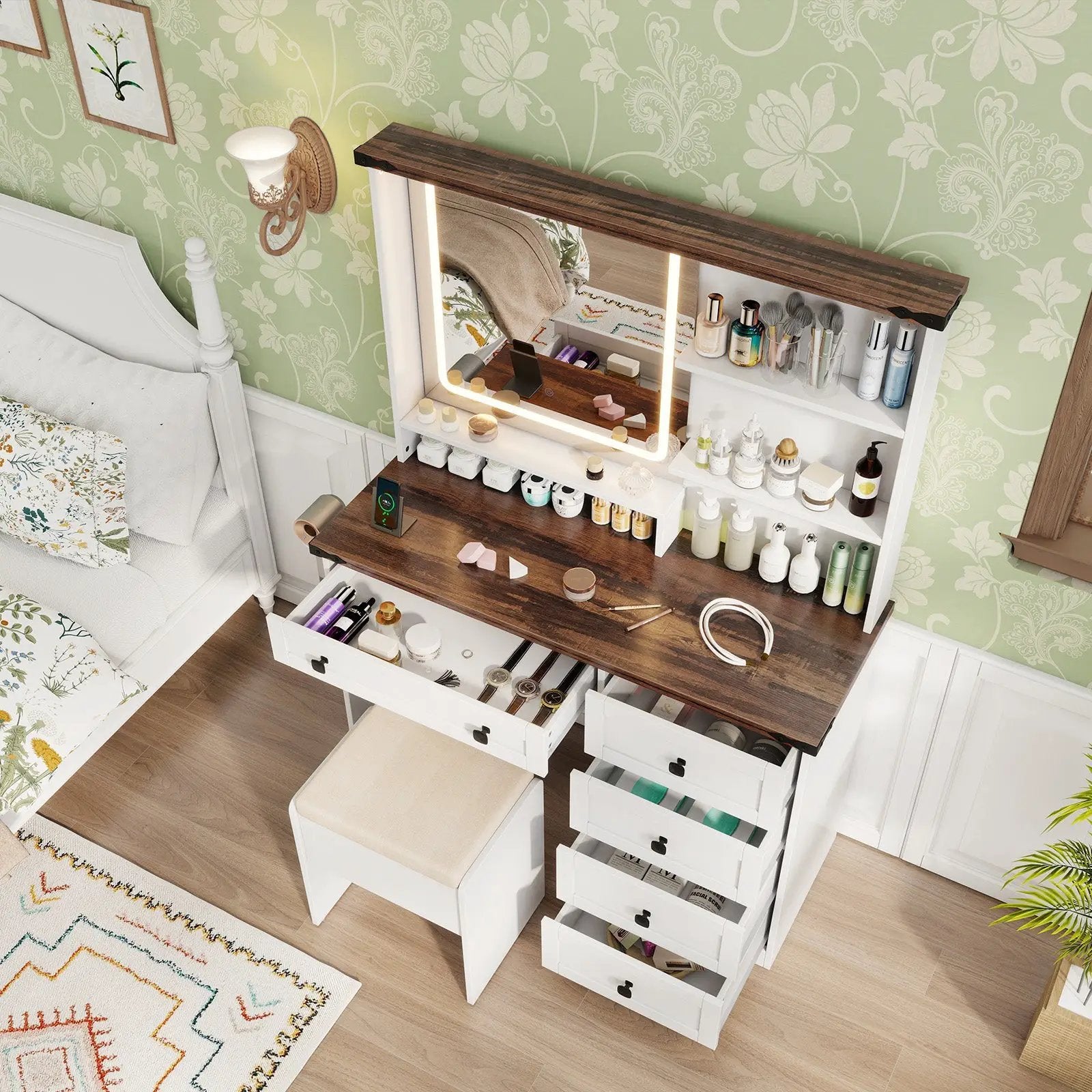 Farmhouse Vanity Set with Mirror and 3-Color Lighting-White by DirectDeals