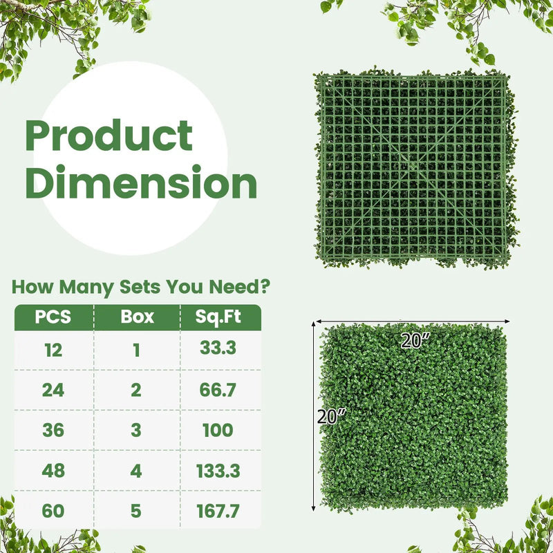 12 Pieces 20 x 20 Inch Artificial Boxwood Wall Panels with Insertable Branches by DirectDeals
