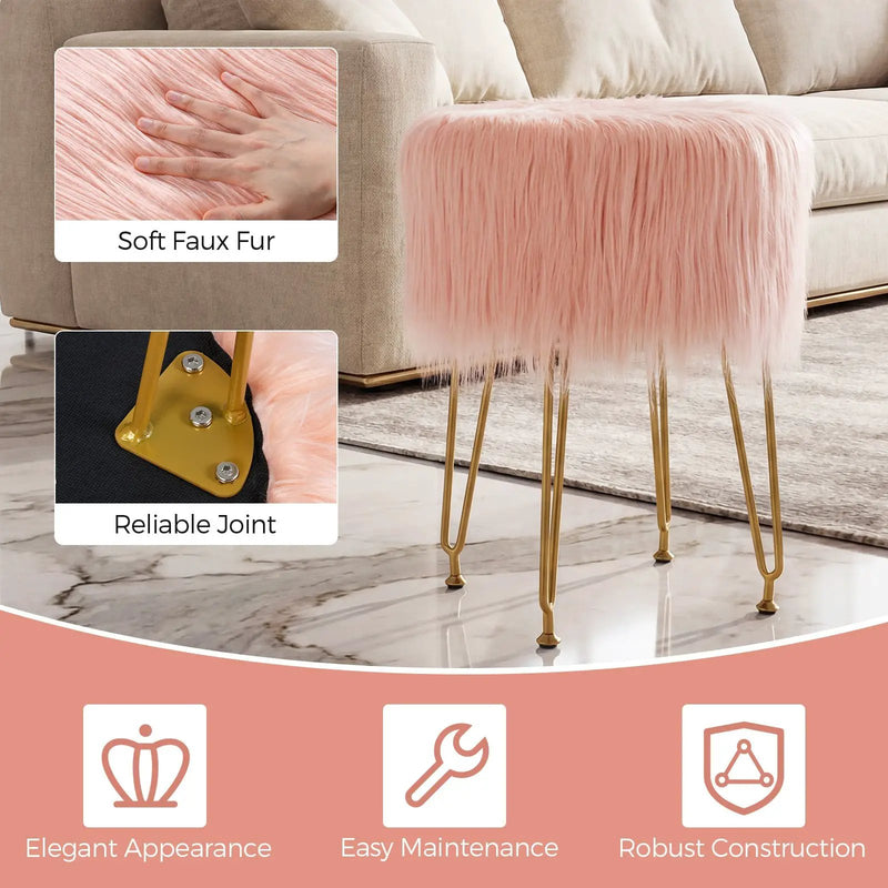 Faux Fur Vanity Stool Chair with Metal Legs for Bedroom and Living Room by DirectDeals