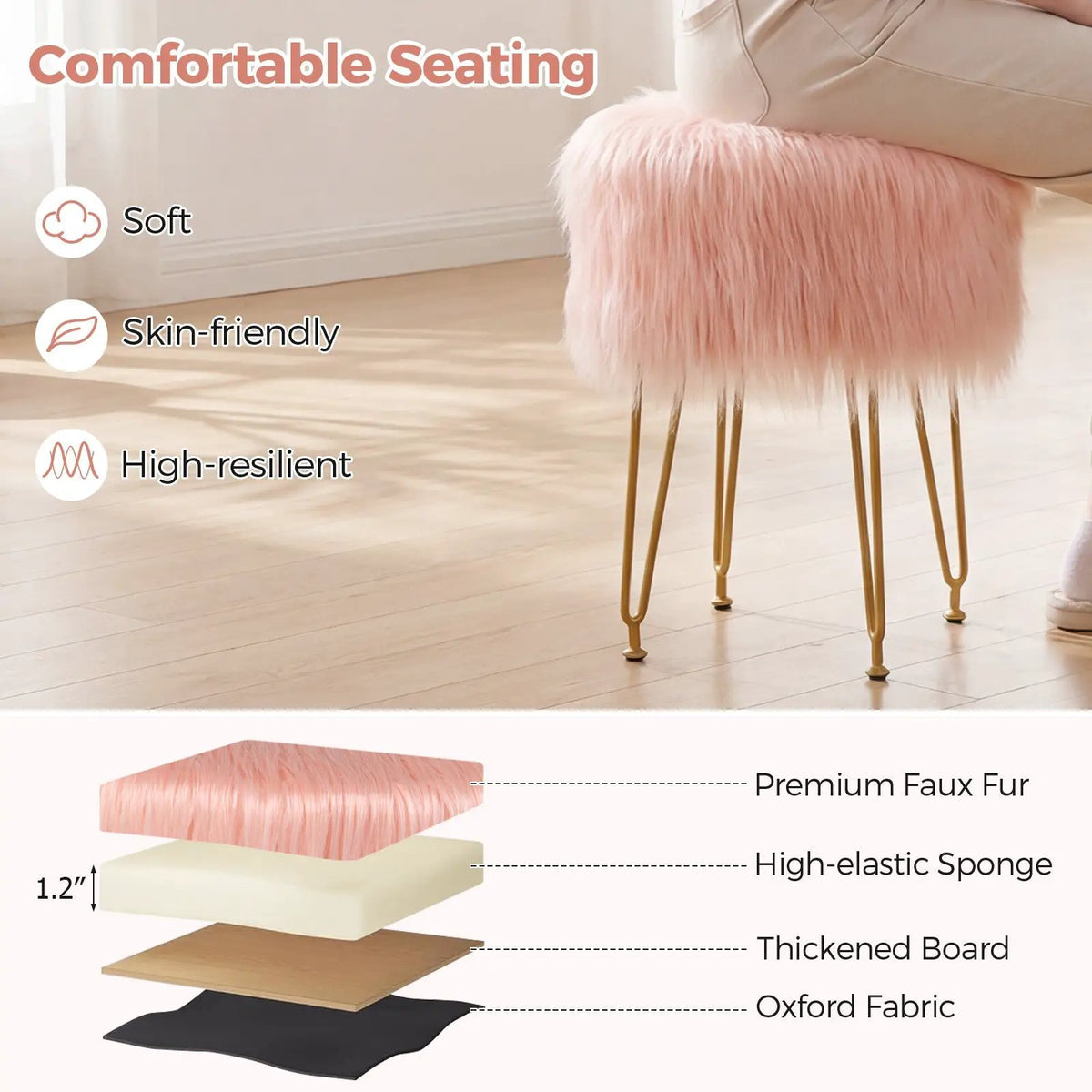 Faux Fur Vanity Stool Chair with Metal Legs for Bedroom and Living Room, photo 15 of 16