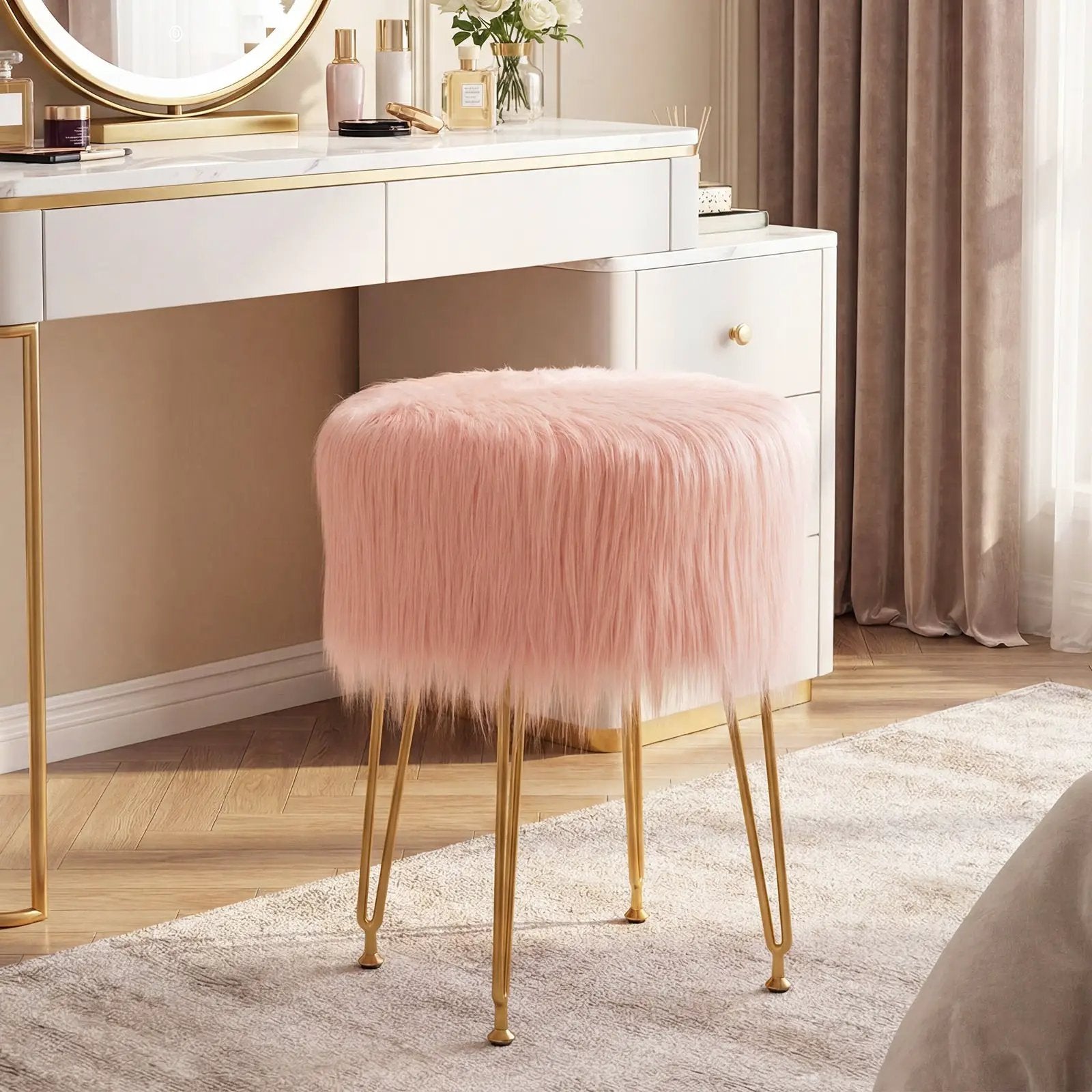 Faux Fur Vanity Stool Chair with Metal Legs for Bedroom and Living Room by DirectDeals