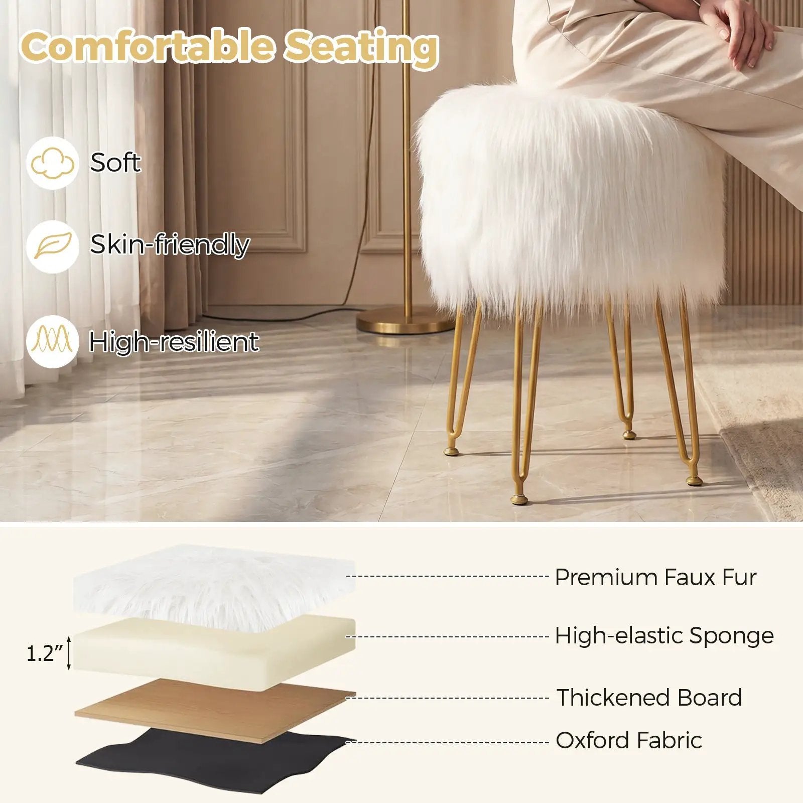 Faux Fur Vanity Stool Chair with Metal Legs for Bedroom and Living Room by DirectDeals