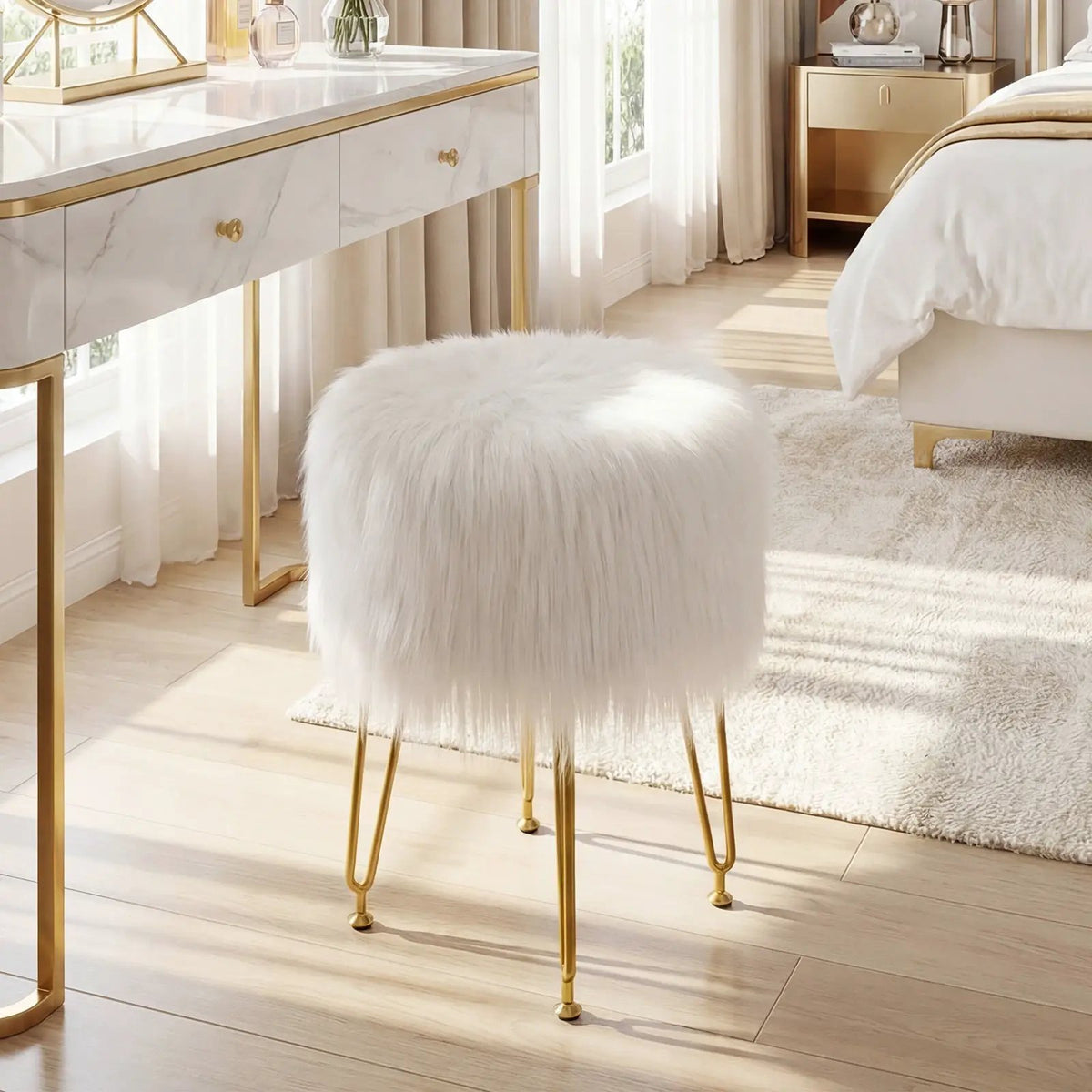 Faux Fur Vanity Stool Chair with Metal Legs for Bedroom and Living Room, photo 2 of 16