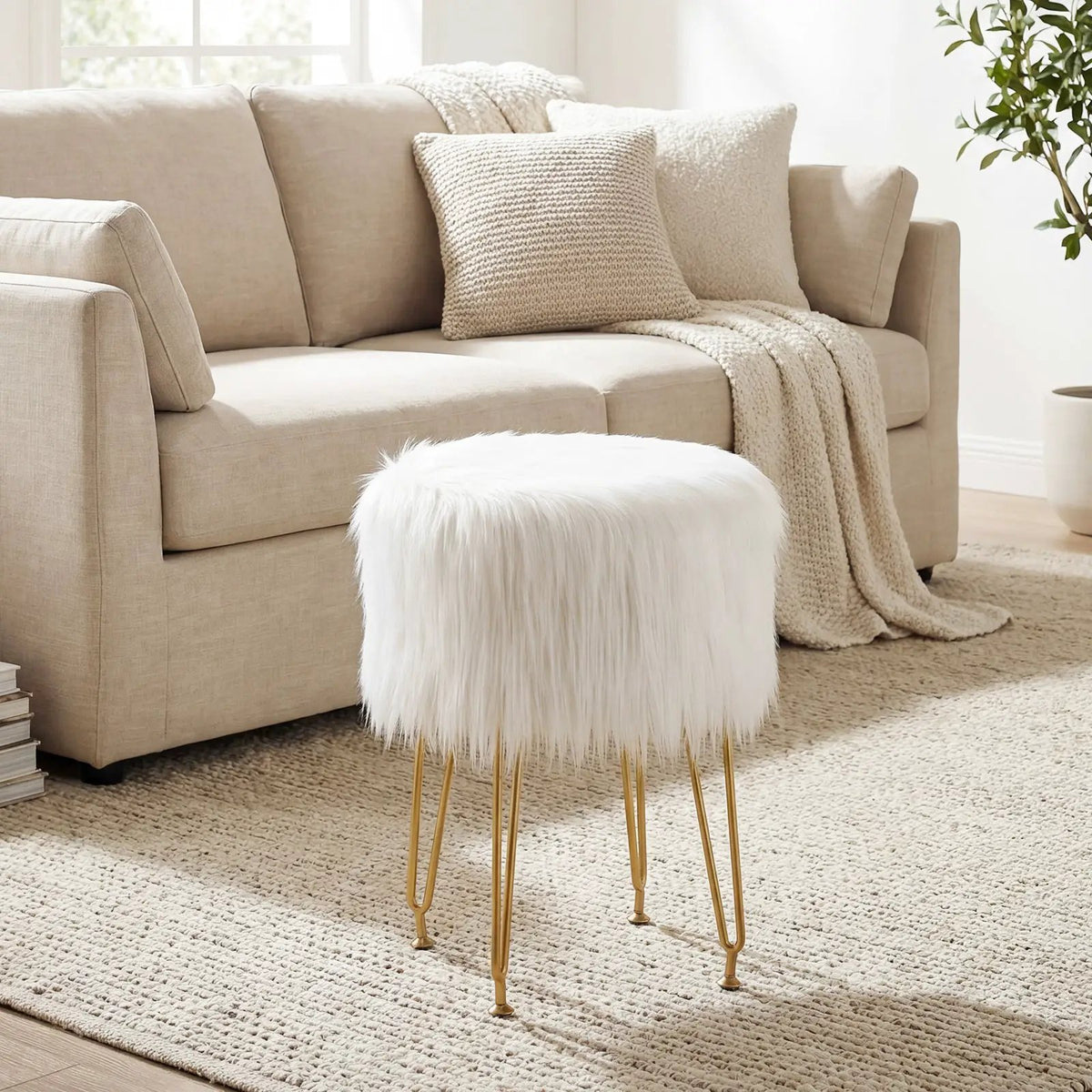 Faux Fur Vanity Stool Chair with Metal Legs for Bedroom and Living Room, photo 4 of 16