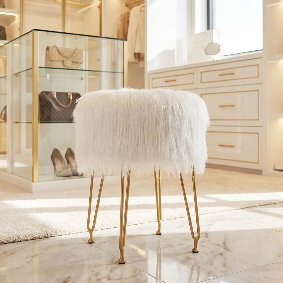 Faux Fur Vanity Stool Chair with Metal Legs for Bedroom and Living Room, photo 12 of 16