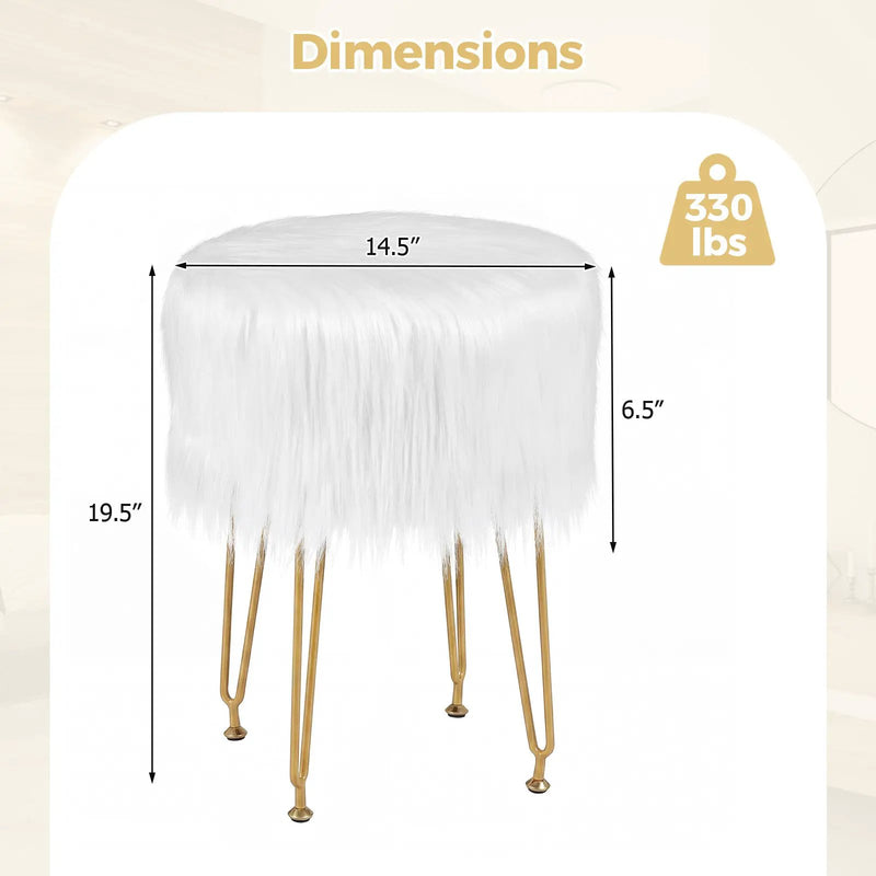 Faux Fur Vanity Stool Chair with Metal Legs for Bedroom and Living Room by DirectDeals