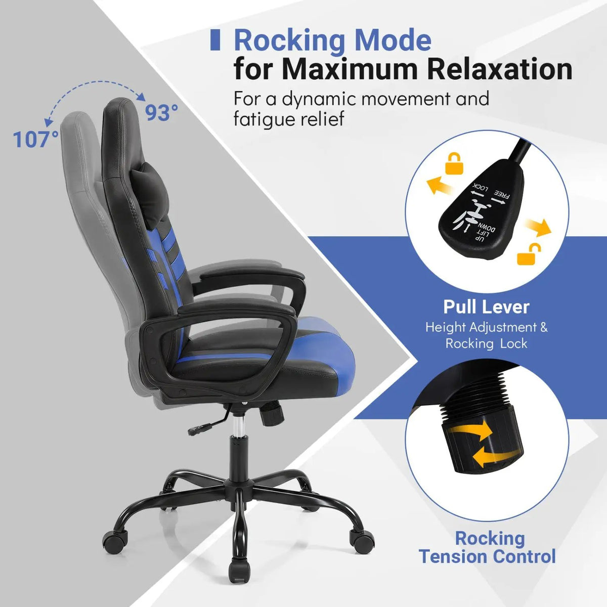 Ergonomic Gaming Chair with Removable Head Pillow & Rocking, photo 31 of 32