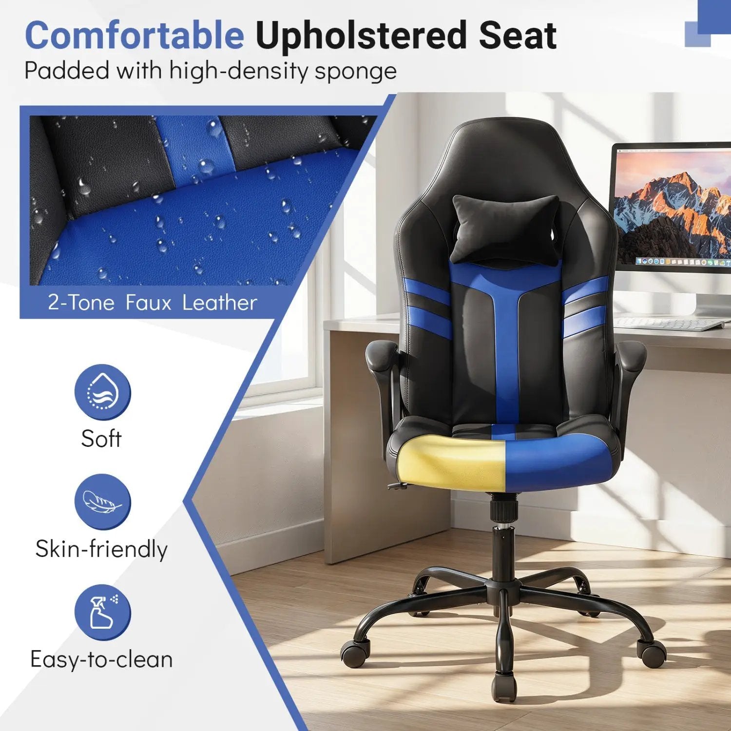 Ergonomic Gaming Chair with Removable Head Pillow & Rocking by DirectDeals