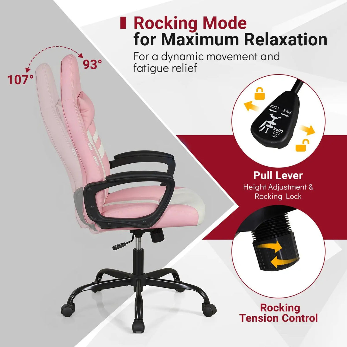 Ergonomic Gaming Chair with Removable Head Pillow & Rocking, photo 7 of 32