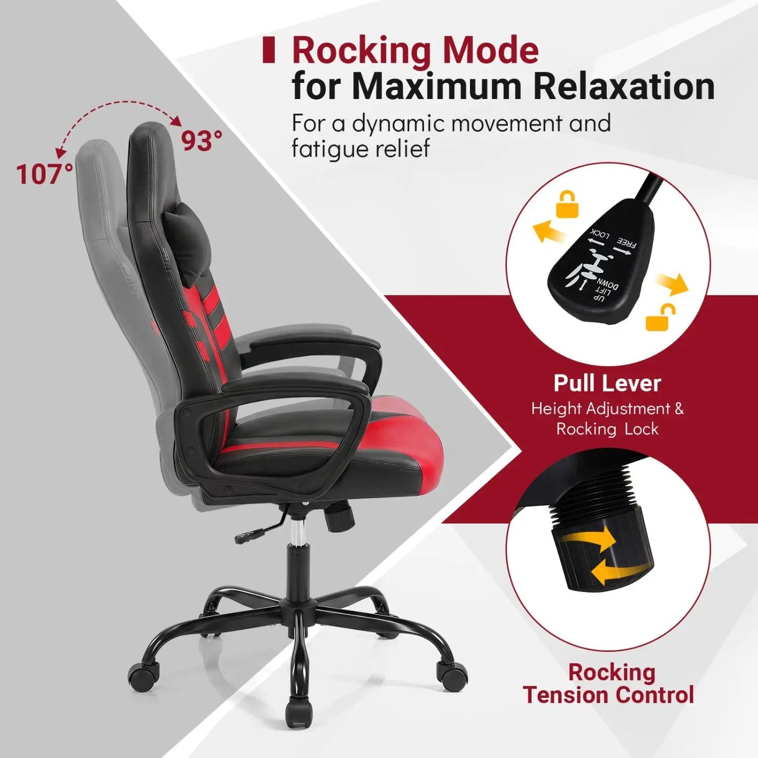 Ergonomic Gaming Chair with Removable Head Pillow & Rocking by DirectDeals