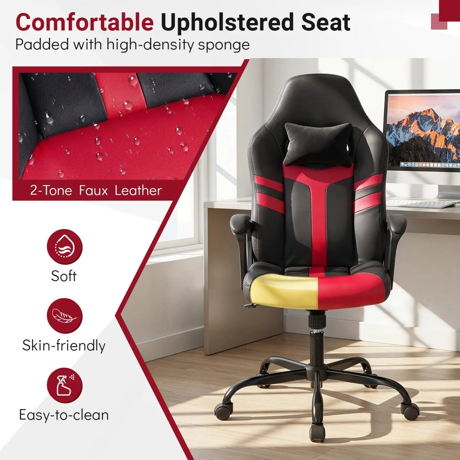 Ergonomic Gaming Chair with Removable Head Pillow & Rocking by DirectDeals