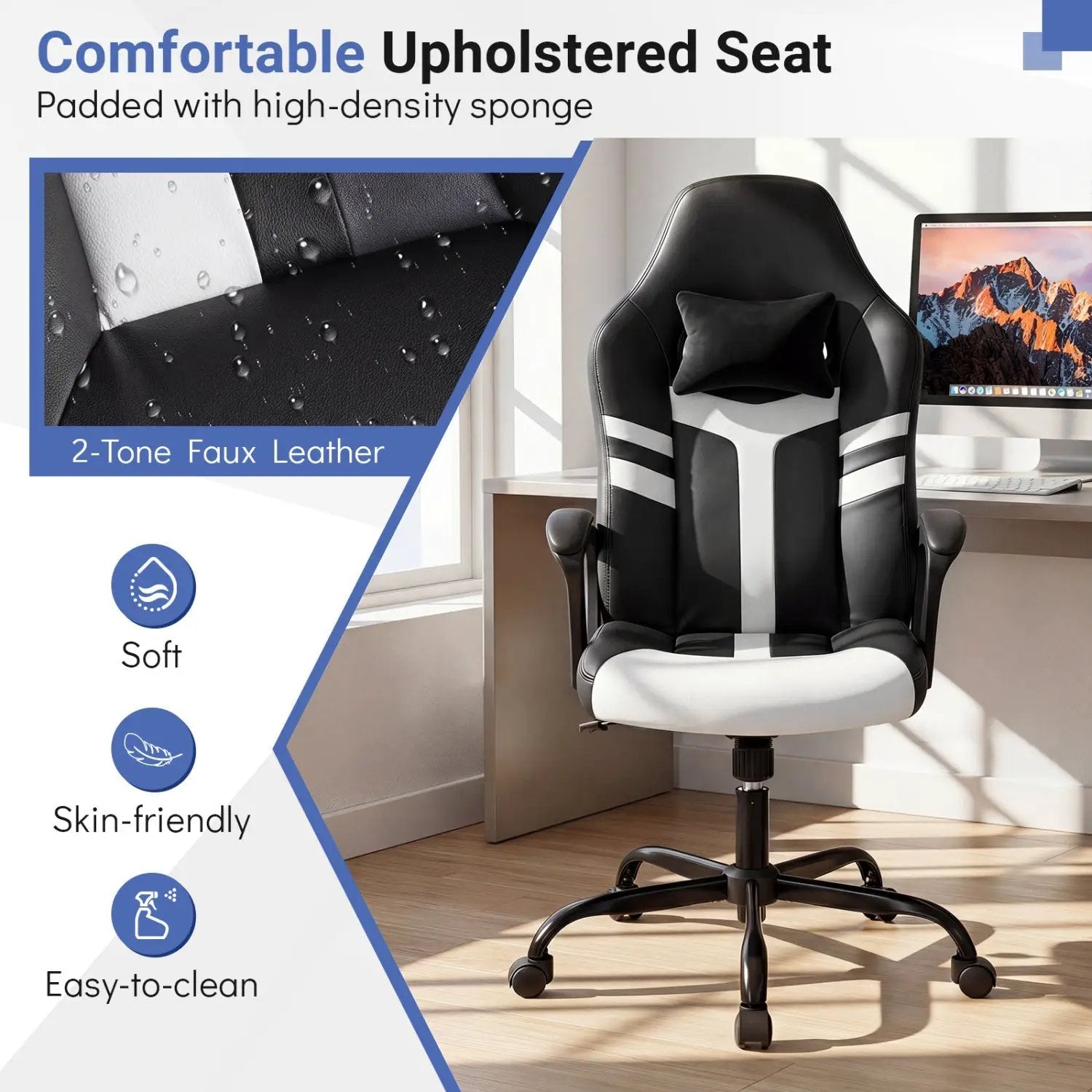 Ergonomic Gaming Chair with Removable Head Pillow & Rocking by DirectDeals