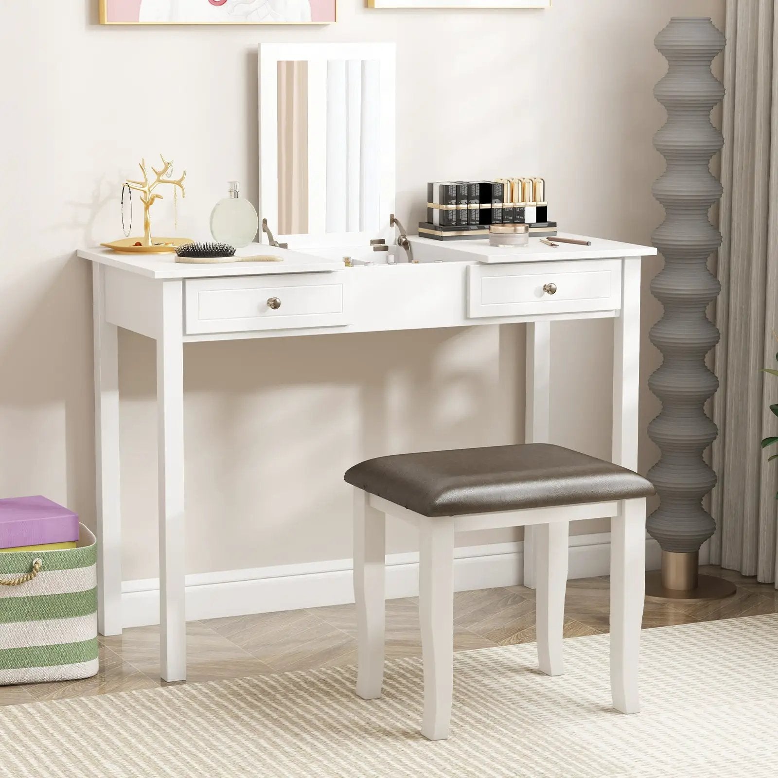 Faux Leather Vanity Stool Chair Set of 2 for Makeup Room and Living Room-Gray and White by DirectDeals