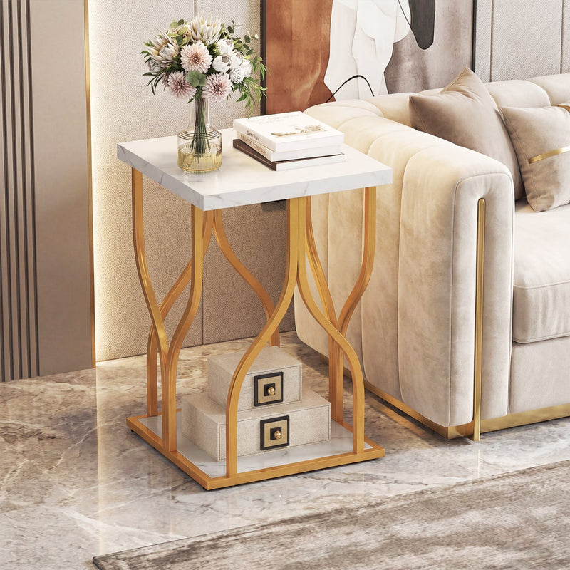 Faux Marble Bedside Night Stand with Petal-Inspired Metal Frame by DirectDeals