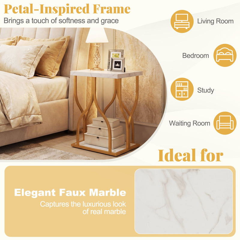 Faux Marble Bedside Night Stand with Petal-Inspired Metal Frame by DirectDeals