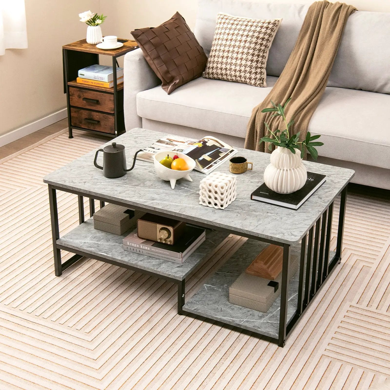 Faux Marble Coffee Table with Open Storage Shelf-Gray by DirectDeals