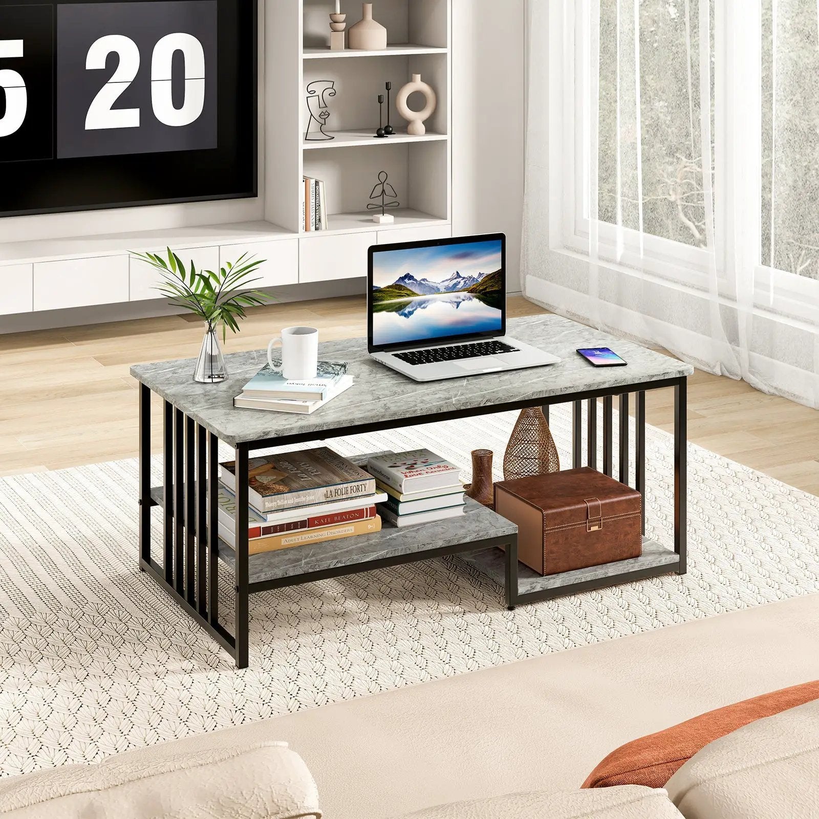 Faux Marble Coffee Table with Open Storage Shelf-Gray by DirectDeals