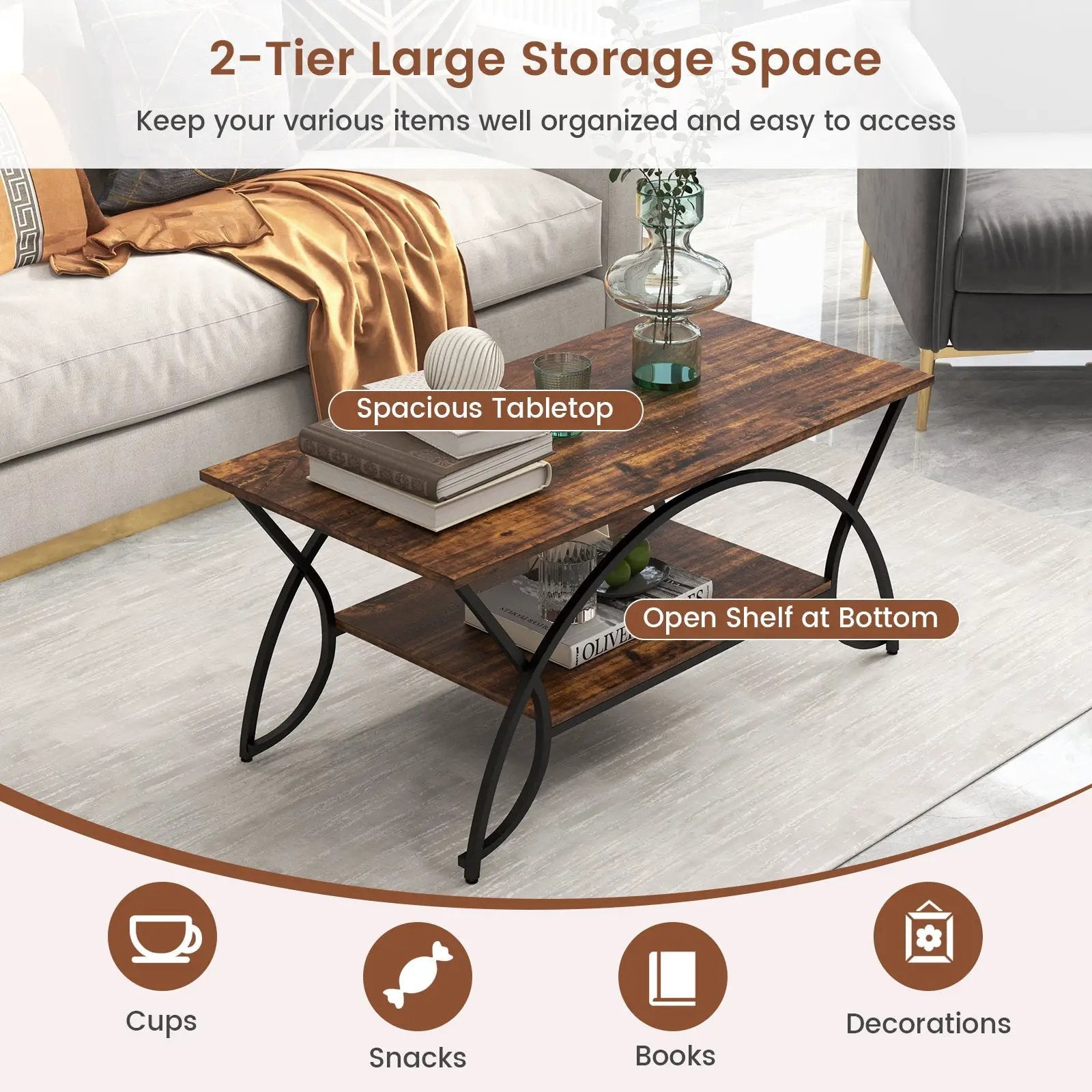 2-Tier Rectangle Coffee Table with Marble Pattern Top by DirectDeals