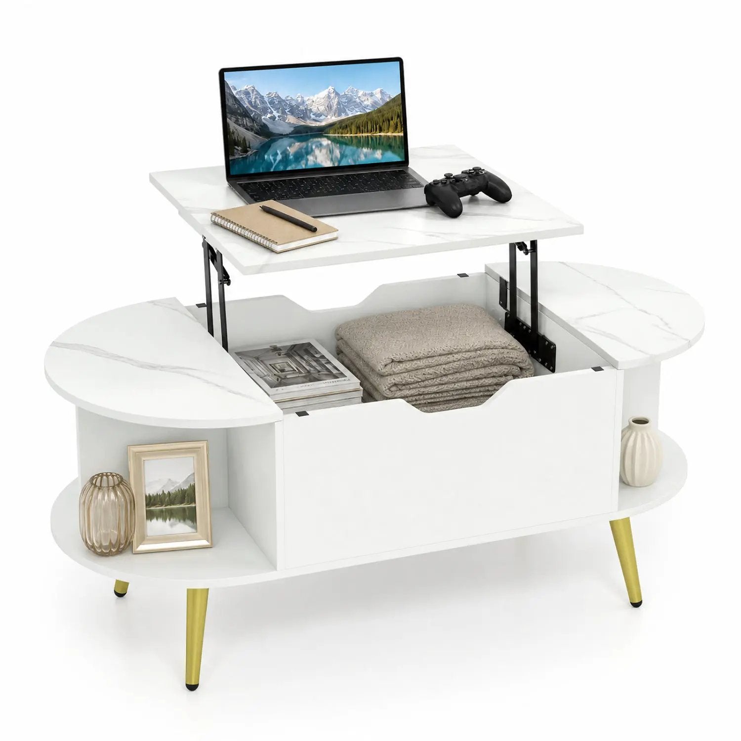 Lift Top Coffee Table with Hidden Compartment and Shelves by DirectDeals