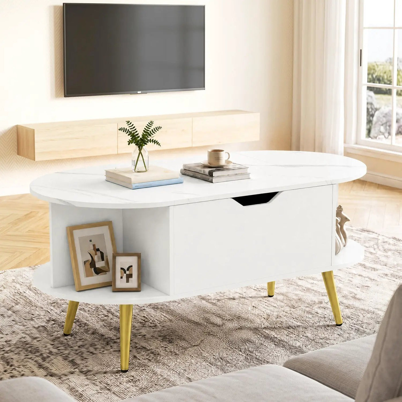 Lift Top Coffee Table with Hidden Compartment and Shelves by DirectDeals