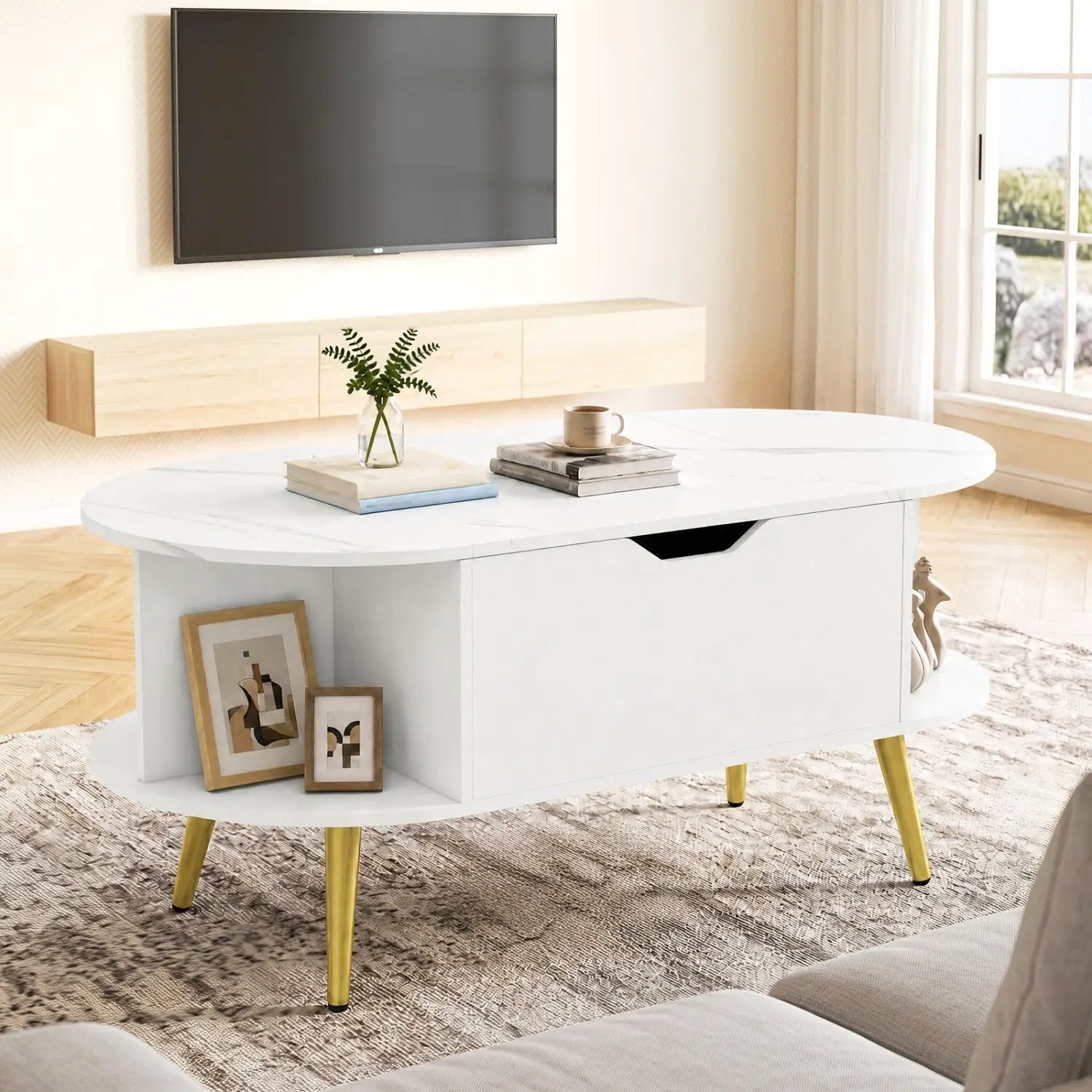 Lift Top Coffee Table with Hidden Compartment and Shelves by DirectDeals