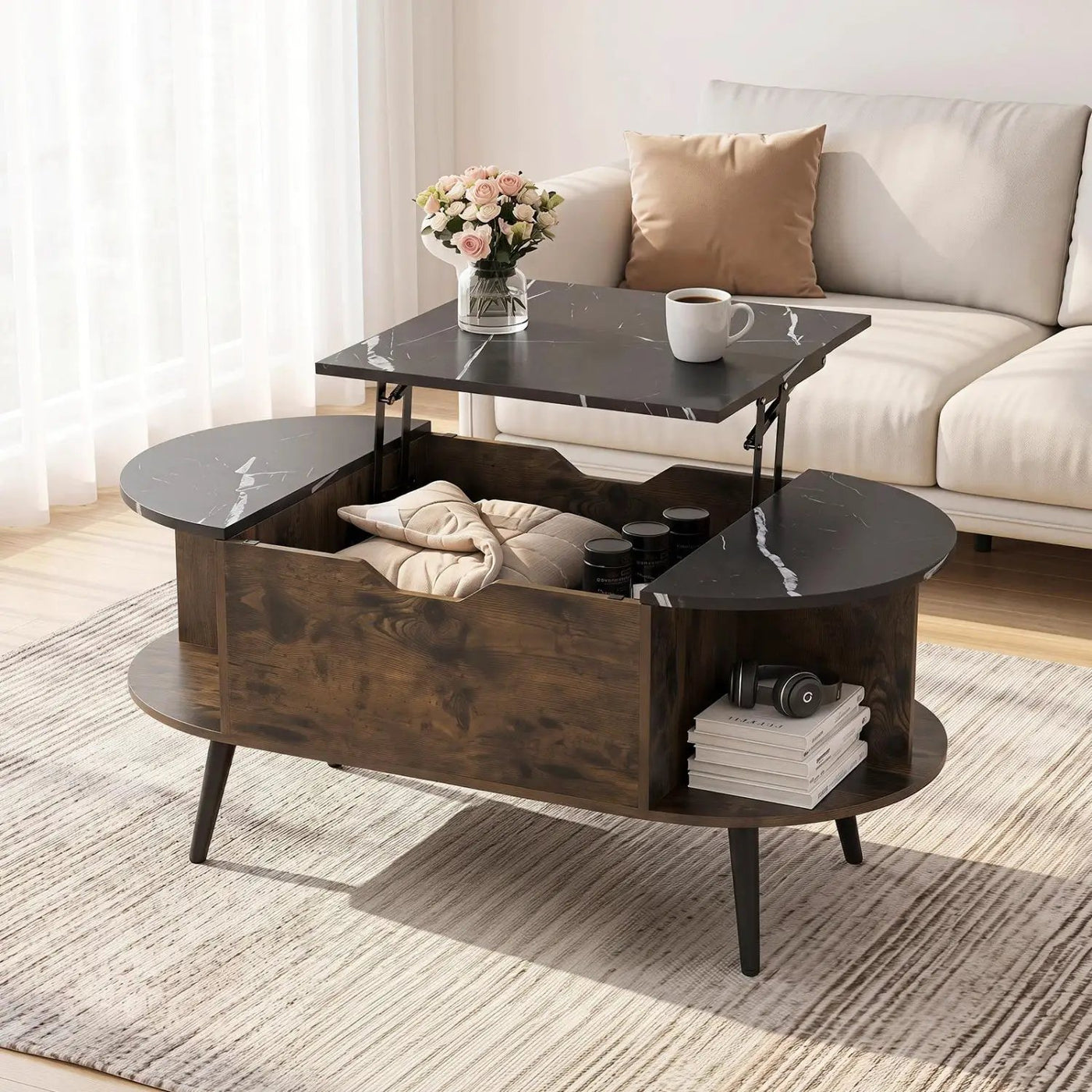 Lift Top Coffee Table with Hidden Compartment and Shelves by DirectDeals