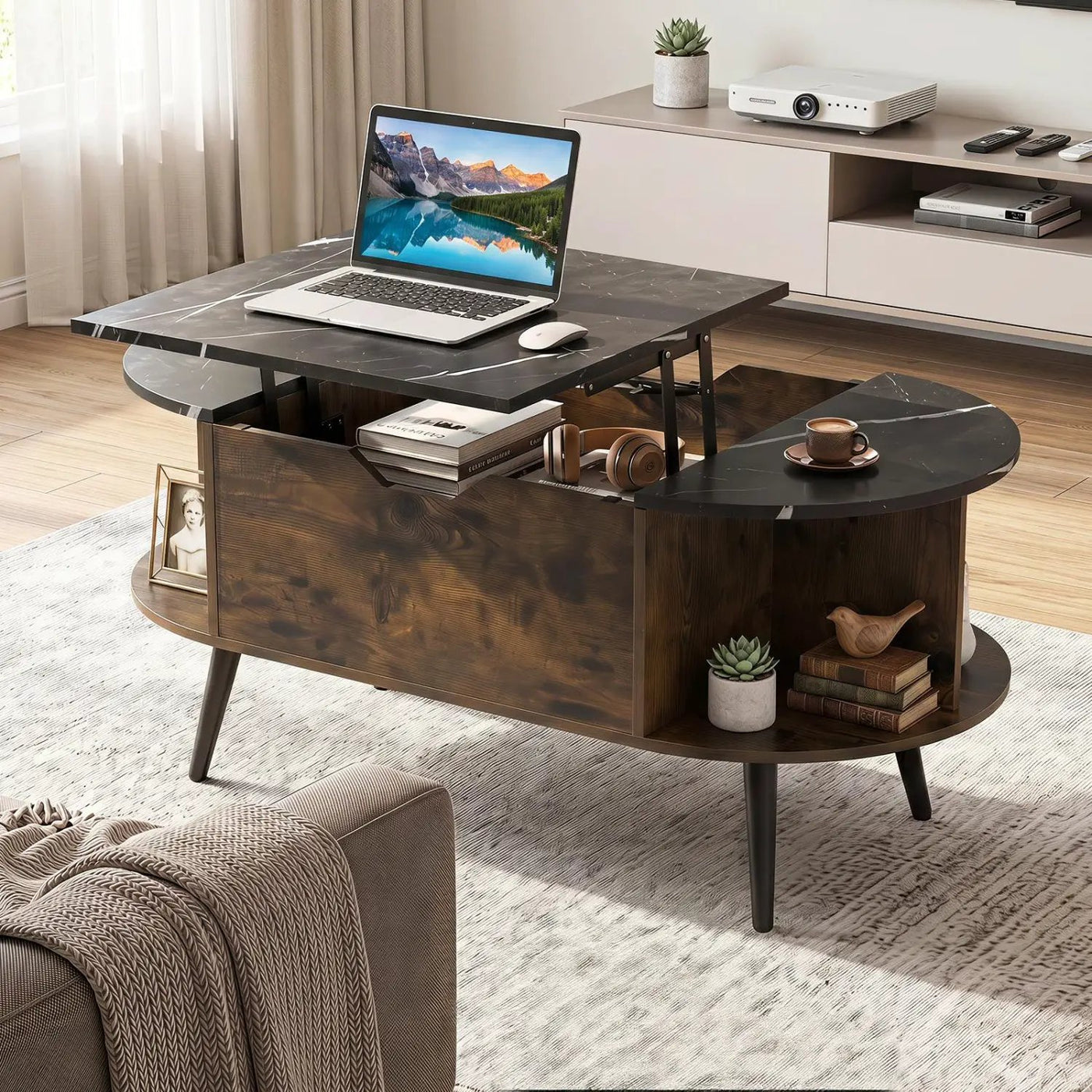 Lift Top Coffee Table with Hidden Compartment and Shelves by DirectDeals