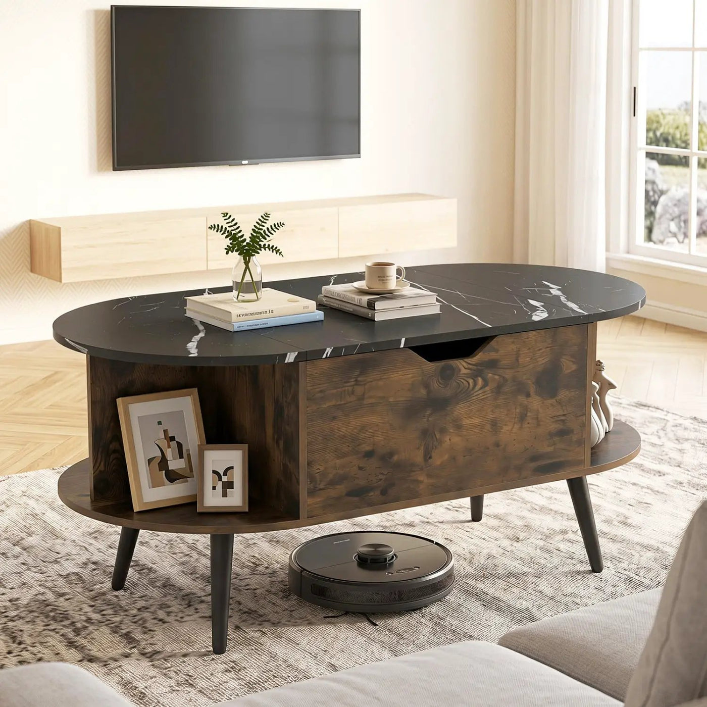 Lift Top Coffee Table with Hidden Compartment and Shelves by DirectDeals