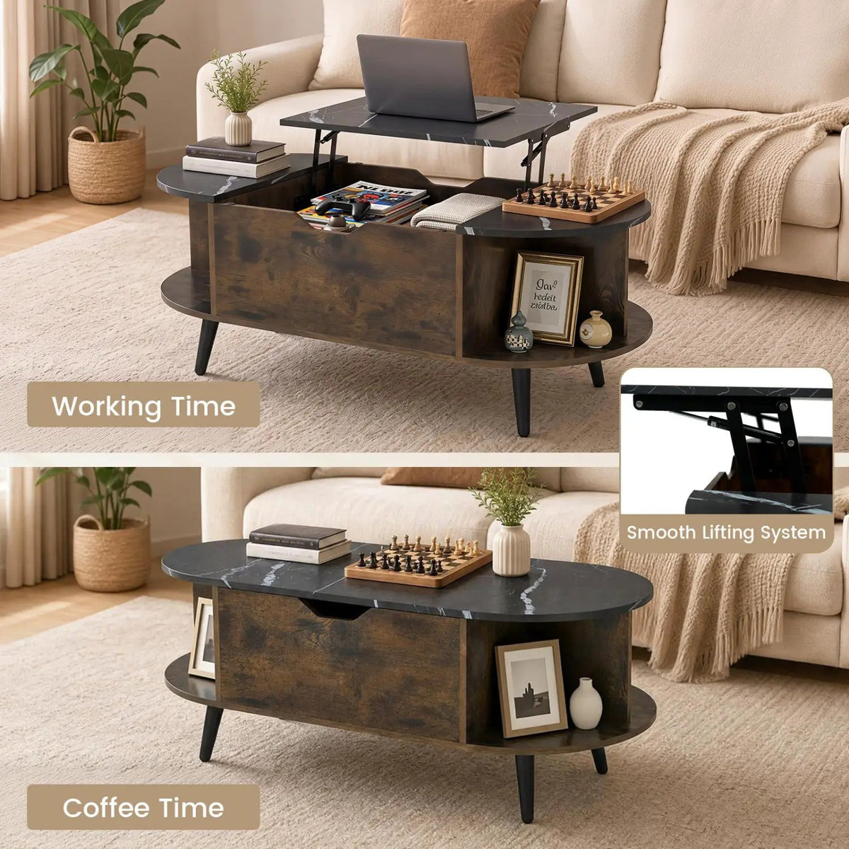 Lift Top Coffee Table with Hidden Compartment and Shelves by DirectDeals