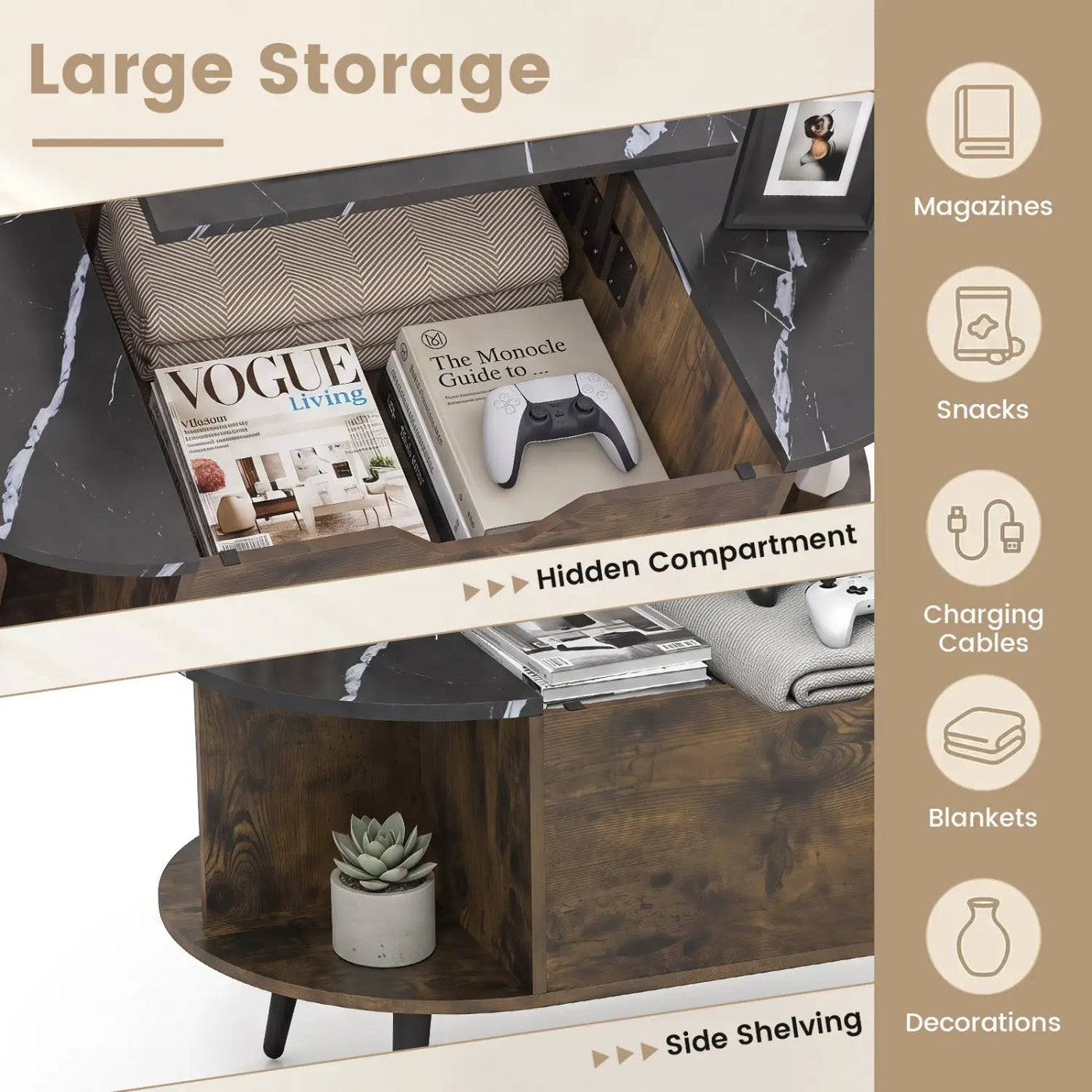 Lift Top Coffee Table with Hidden Compartment and Shelves by DirectDeals