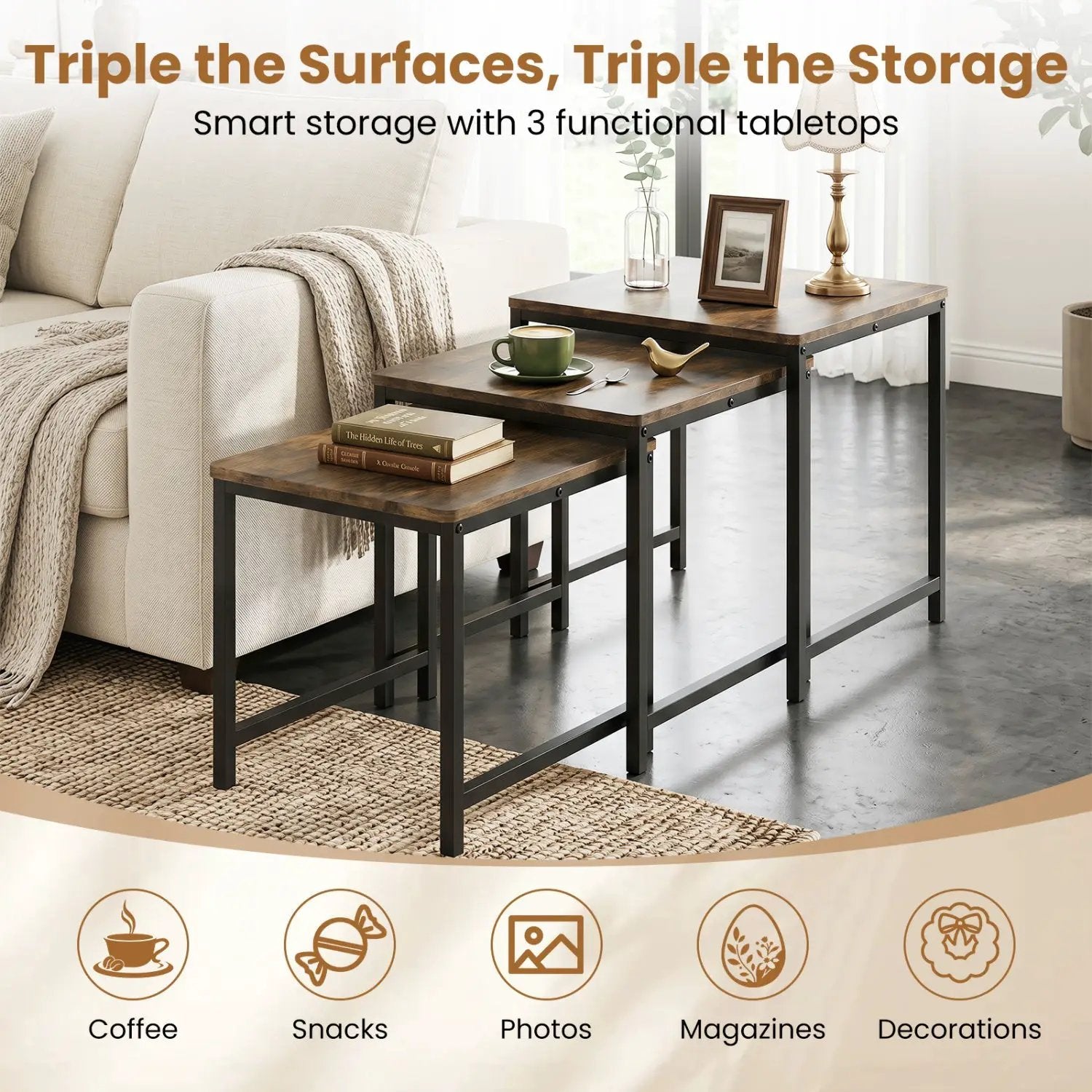 Nesting Tables Set of 3 with Faux Marble Top and Metal Frame by DirectDeals