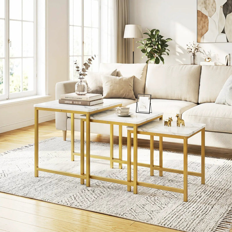 Nesting Tables Set of 3 with Faux Marble Top and Metal Frame by DirectDeals