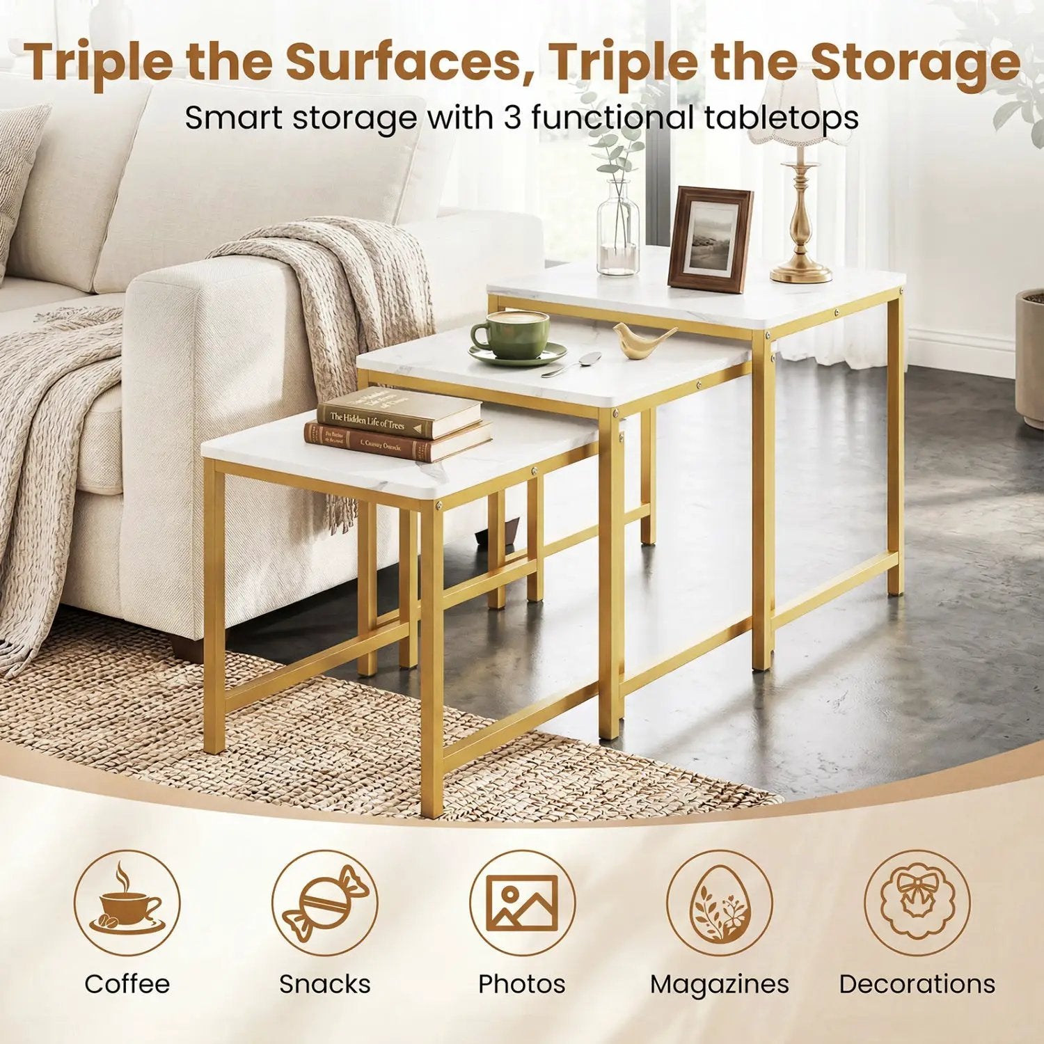 Nesting Tables Set of 3 with Faux Marble Top and Metal Frame by DirectDeals
