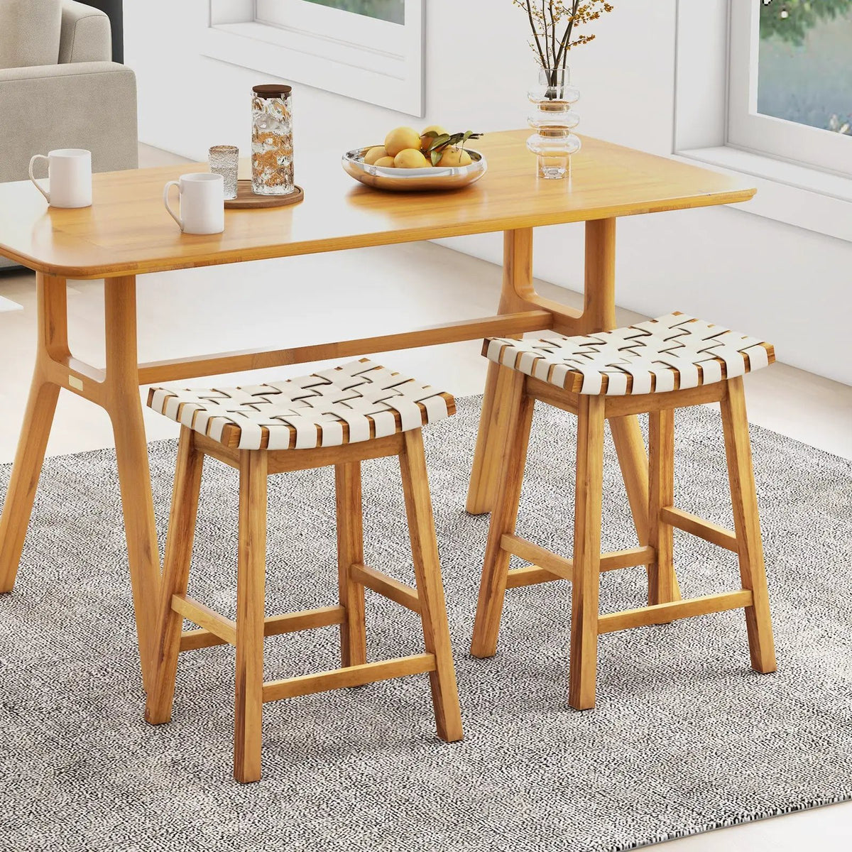 Faux PU Leather Bar Stools Set of 2 with Woven Curved Seat Natural, photo 2 of 9