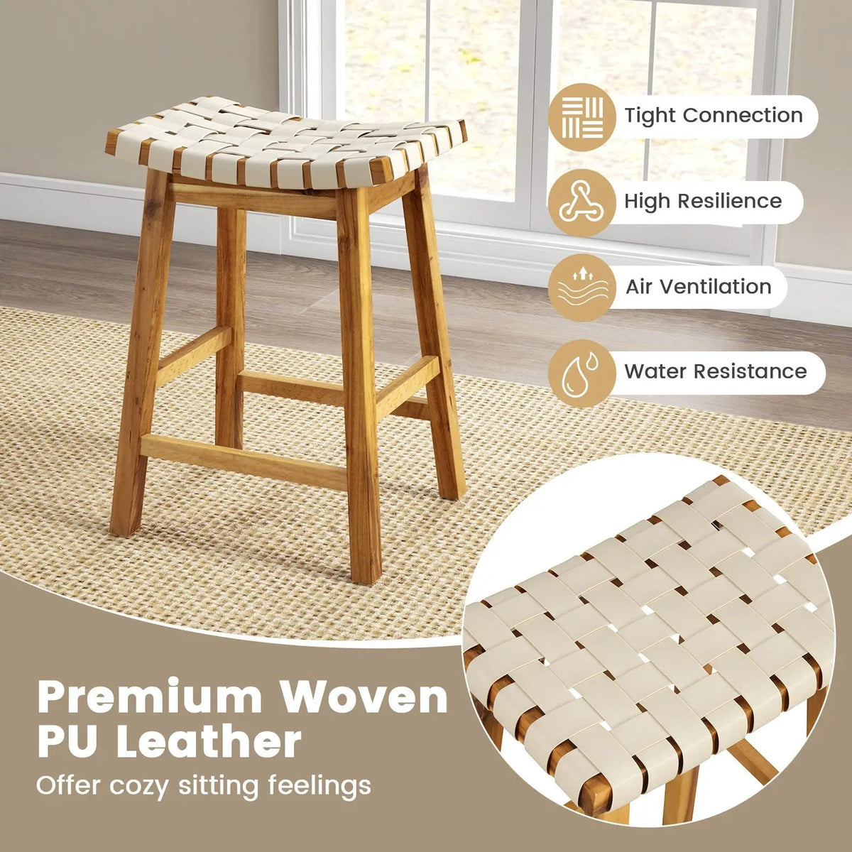 Faux PU Leather Bar Stools Set of 2 with Woven Curved Seat Natural, photo 6 of 9