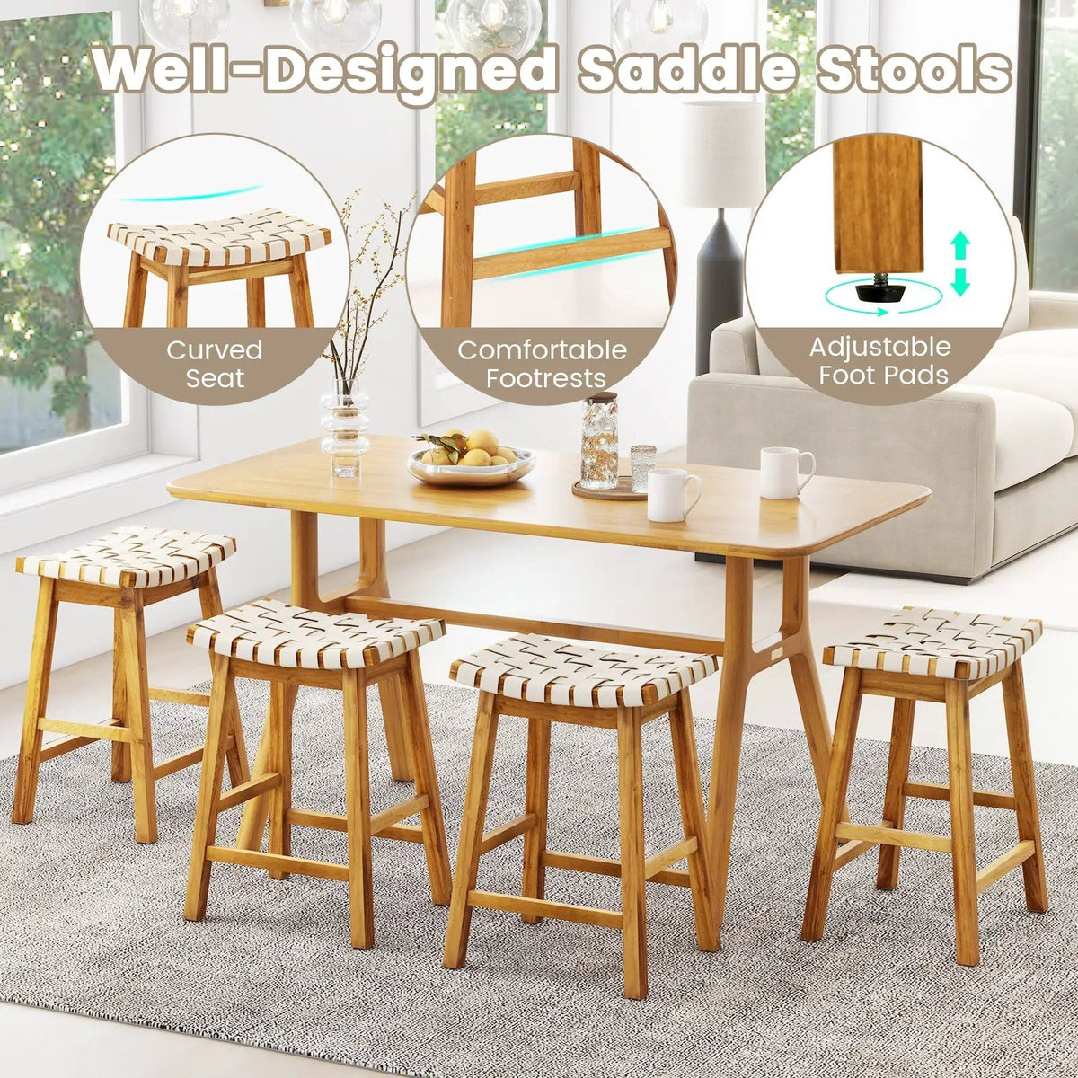 Faux PU Leather Bar Stools Set of 2 with Woven Curved Seat Natural, photo 8 of 9