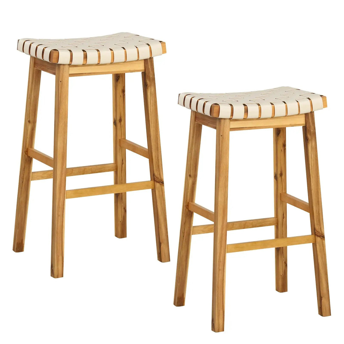 Faux PU Leather Bar Stools Set of 2 with Woven Curved Seat Natural, photo 9 of 9