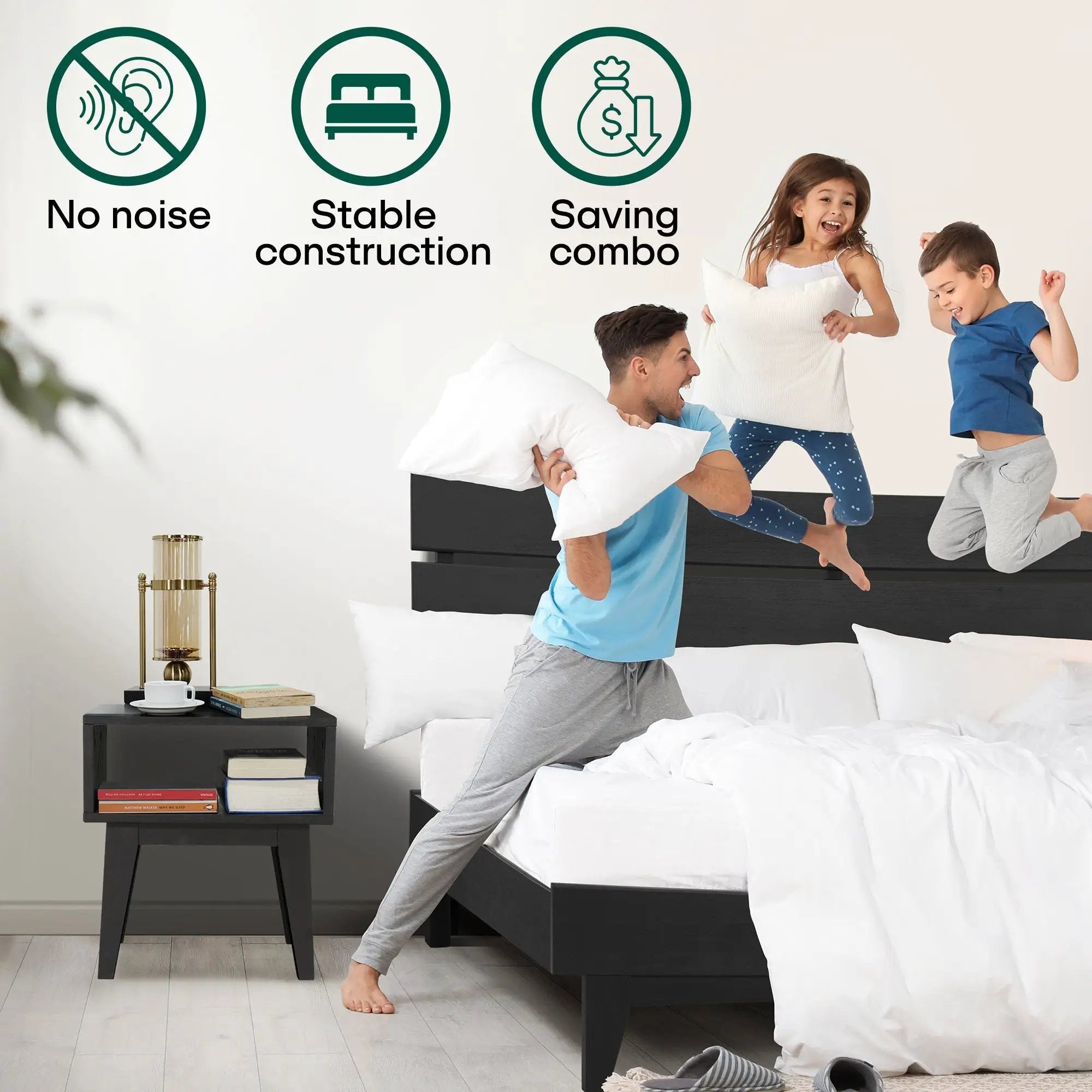 [Buy 1 Get 1] Aurora Solid Wood Bed Frame & Nightstand by Megsu
