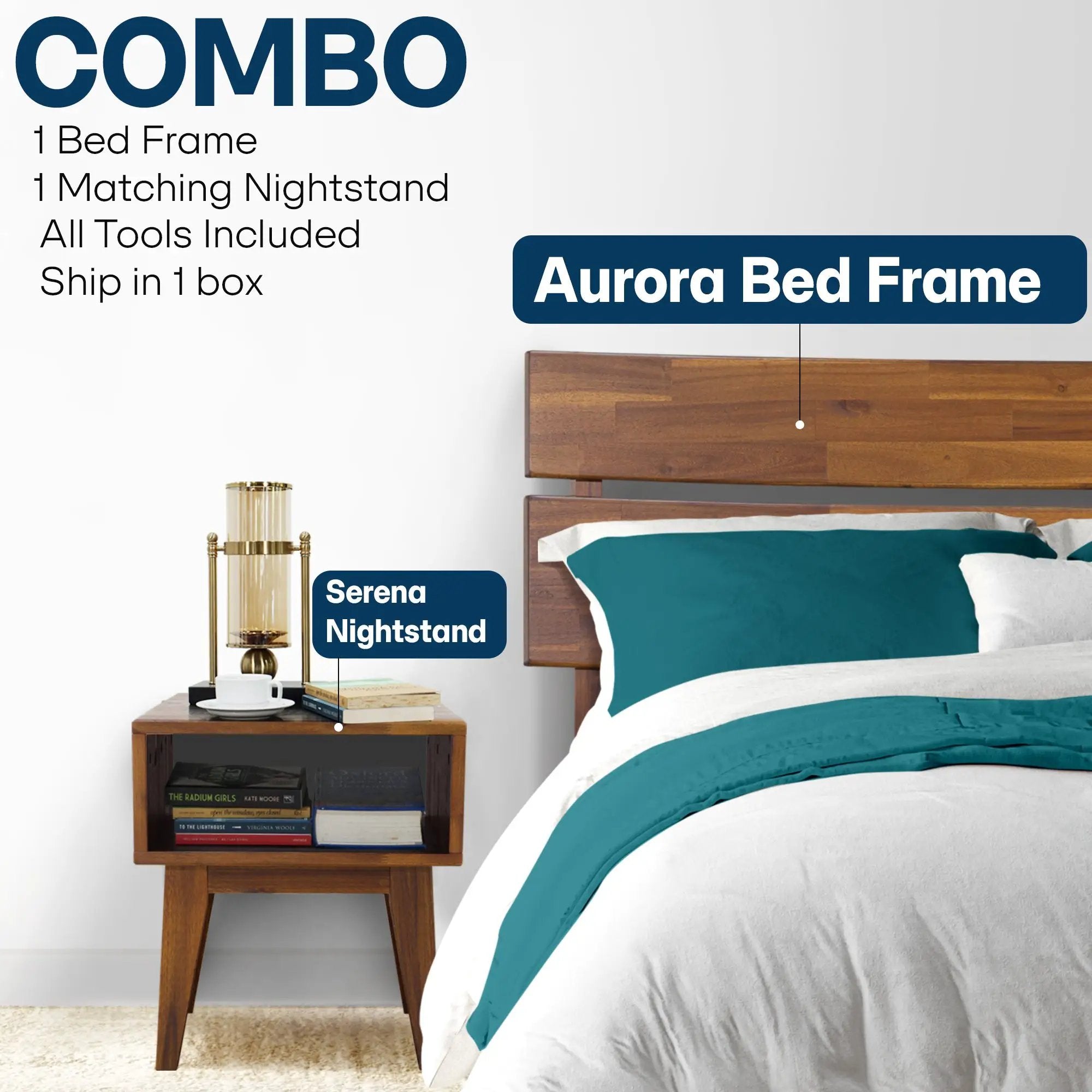[Buy 1 Get 1] Aurora Solid Wood Bed Frame & Nightstand by Megsu