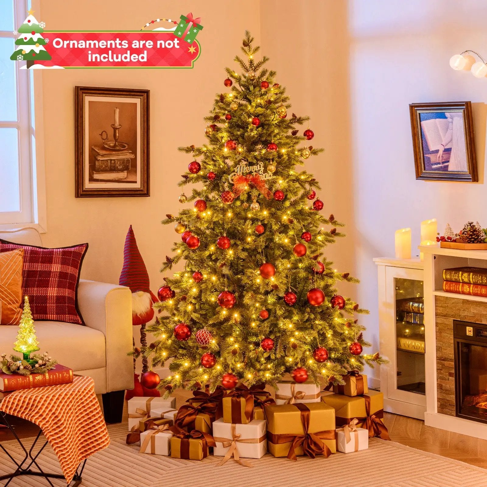 6/7/8 Feet Christmas Tree with Warm White LED Lights and Pine Cones by DirectDeals