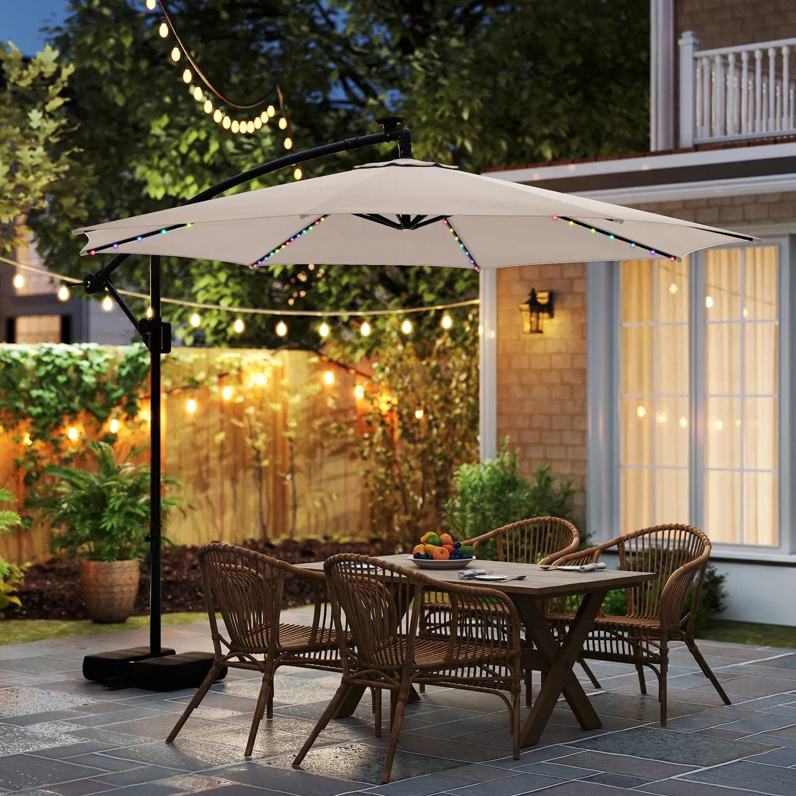 10 Feet Solar Offset Hanging Umbrella with Base and LED Lights by DirectDeals