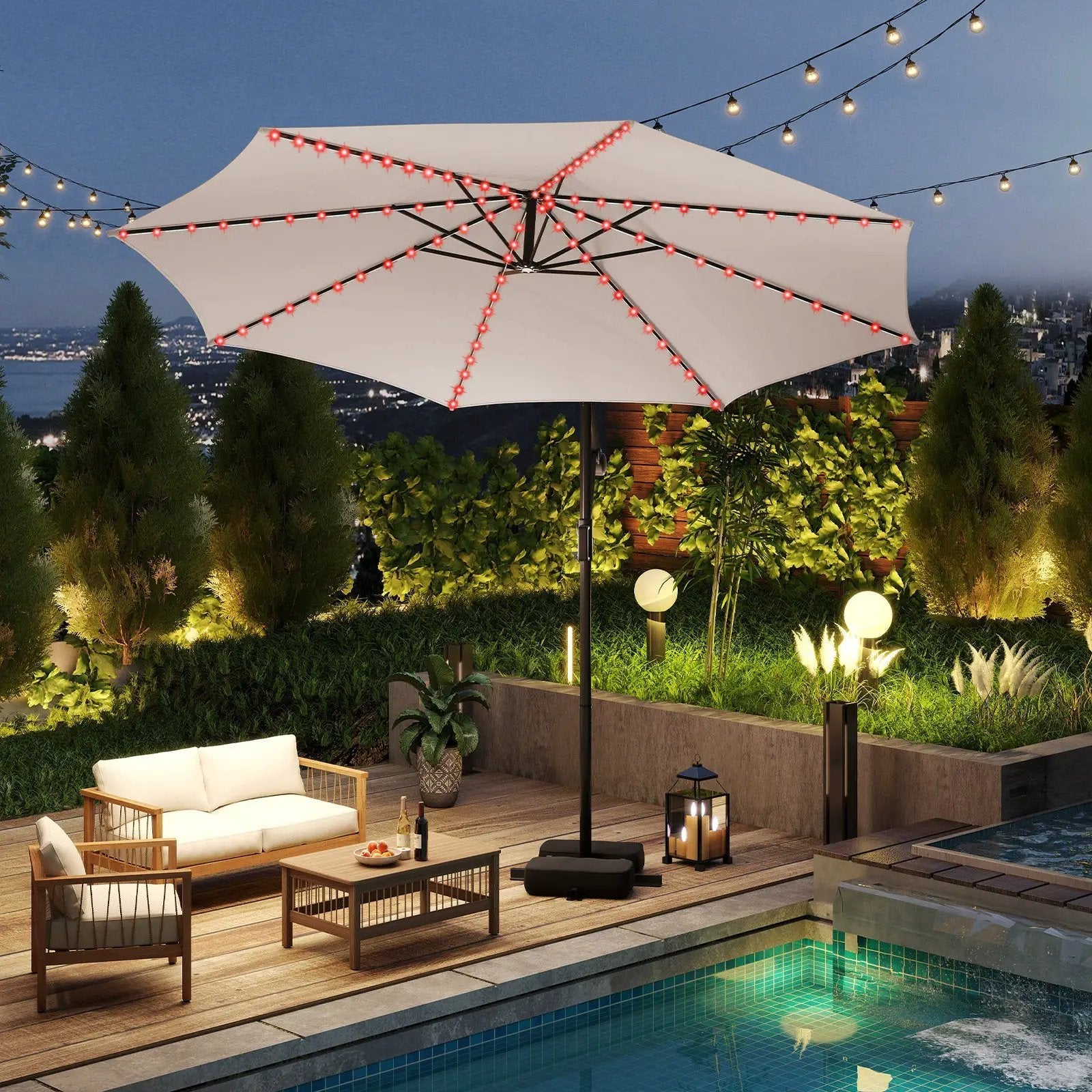 10 Feet Solar Offset Hanging Umbrella with Base and LED Lights by DirectDeals