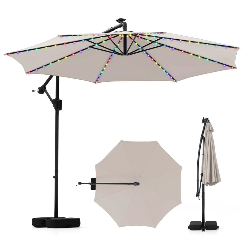 10 Feet Solar Offset Hanging Umbrella with Base and LED Lights by DirectDeals
