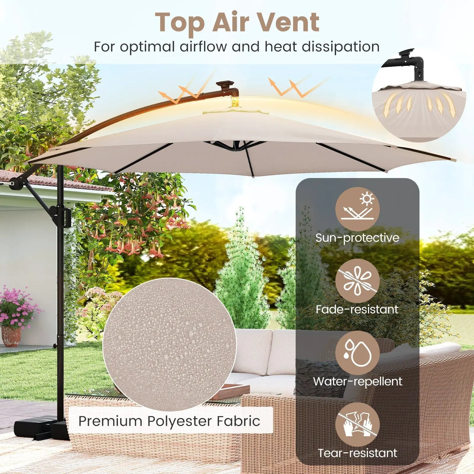 10 Feet Solar Offset Hanging Umbrella with Base and LED Lights by DirectDeals