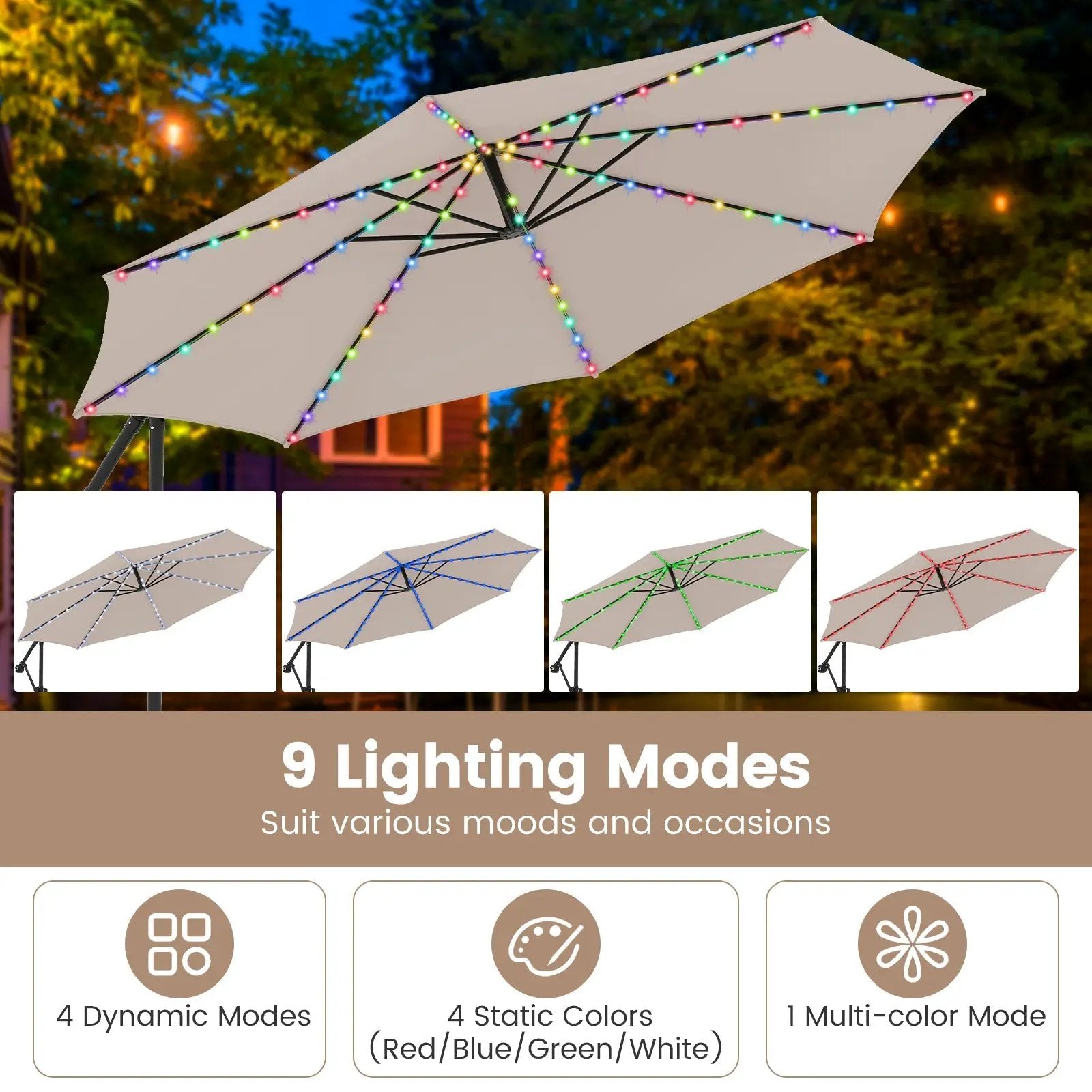 10 Feet Solar Offset Hanging Umbrella with Base and LED Lights by DirectDeals