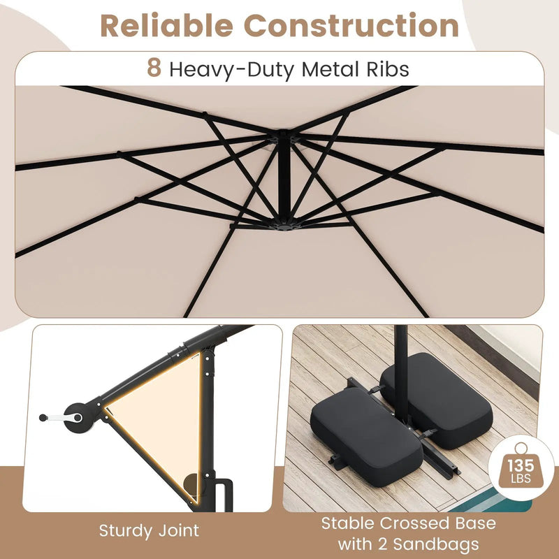 10 Feet Solar Offset Hanging Umbrella with Base and LED Lights by DirectDeals