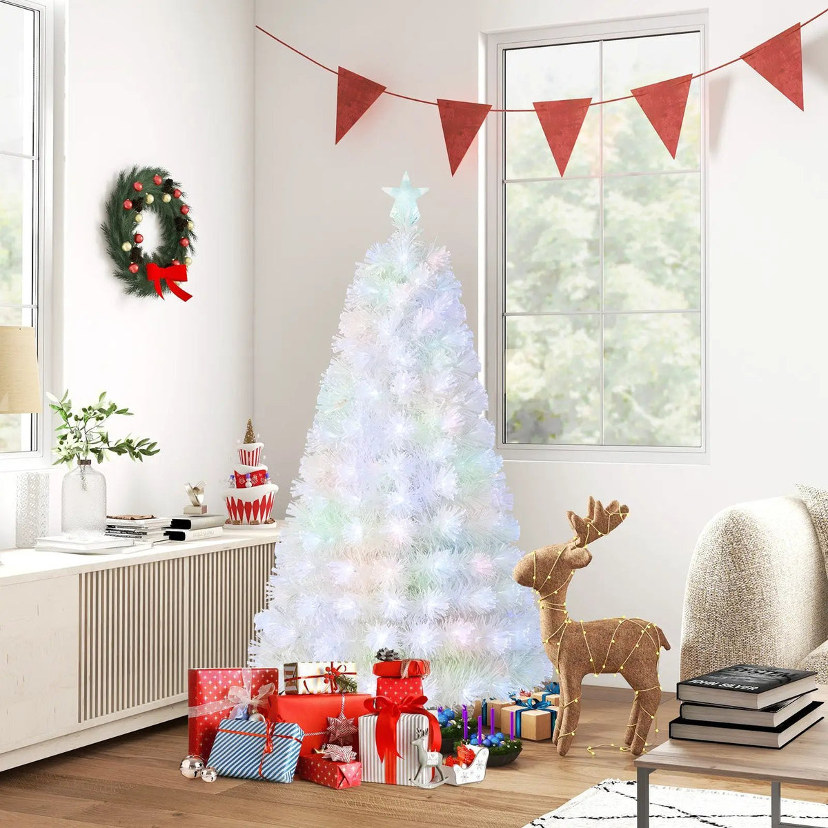 6/7 Feet Pre-Lit Fiber Optic White Snow-Flocked Artificial Christmas Tree, photo 15 of 24